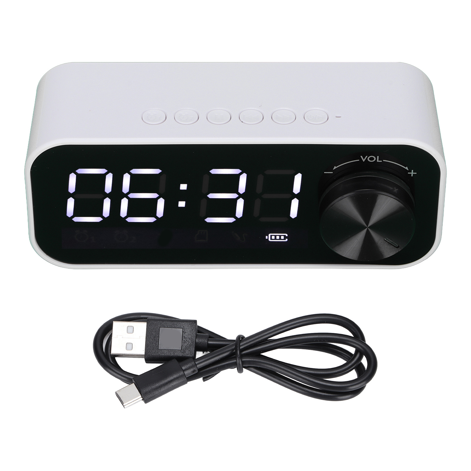 Weißer Wecker mit digitaler Anzeige 06:31 und USB-Kabel