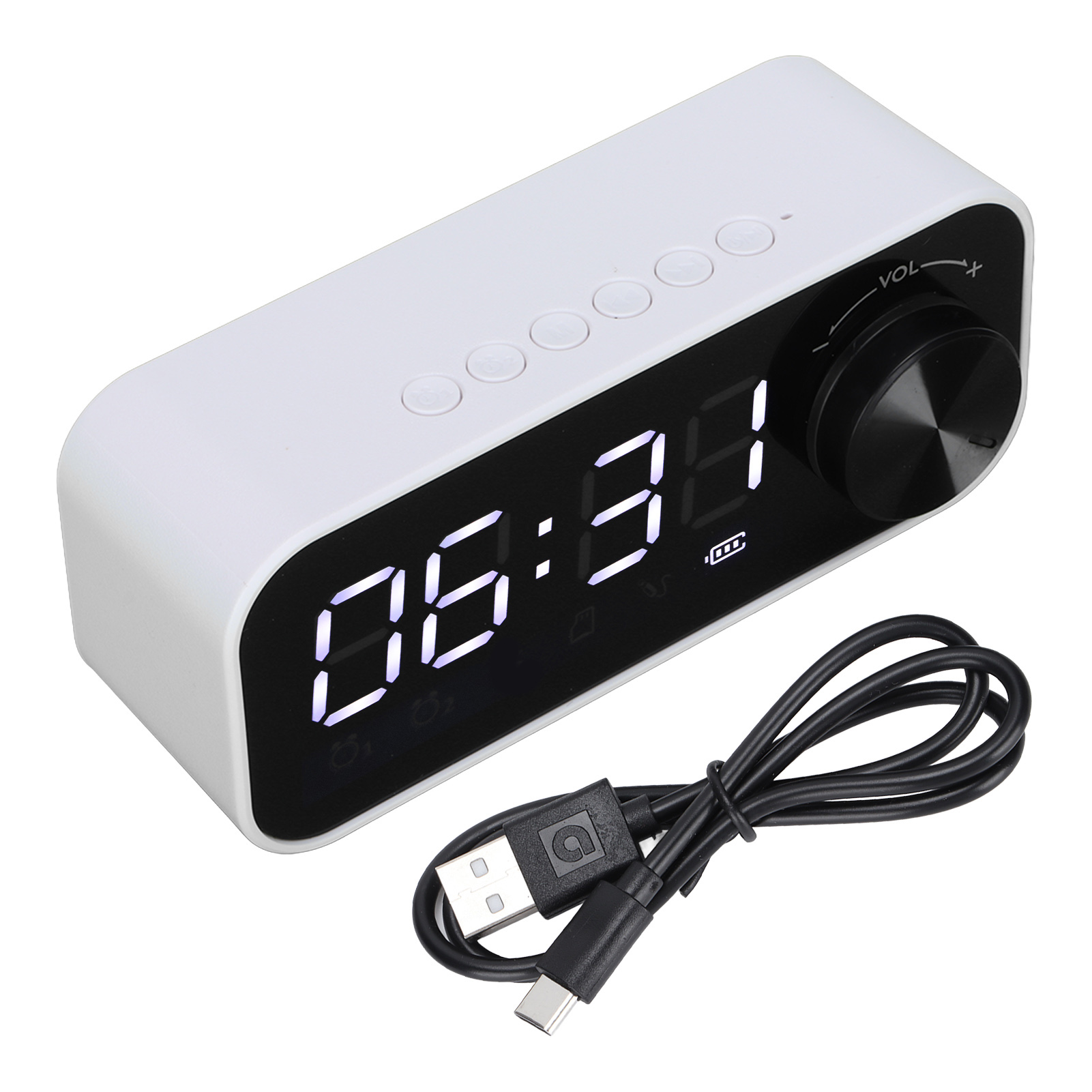 Ein weißer digitaler Wecker mit schwarzem Zifferblatt und Kabel.