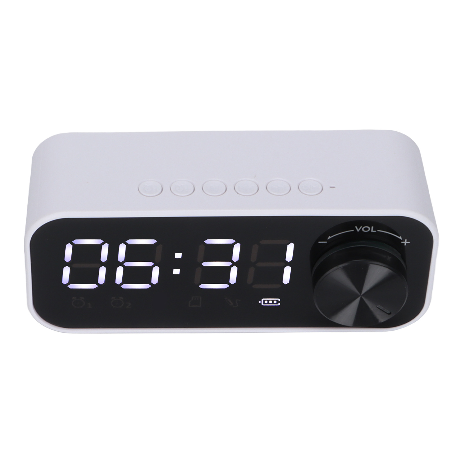 Ein weißer Digitalwecker mit leuchtender Anzeige 06:31 und einem Lautstärkeregler.