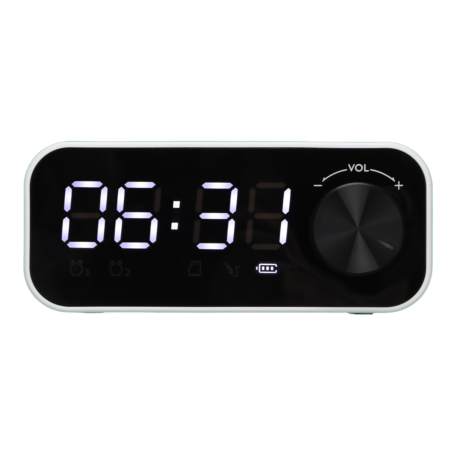 Ein digitaler Wecker zeigt 06:31 an. Er hat eine Lautstärkeeinstellung.