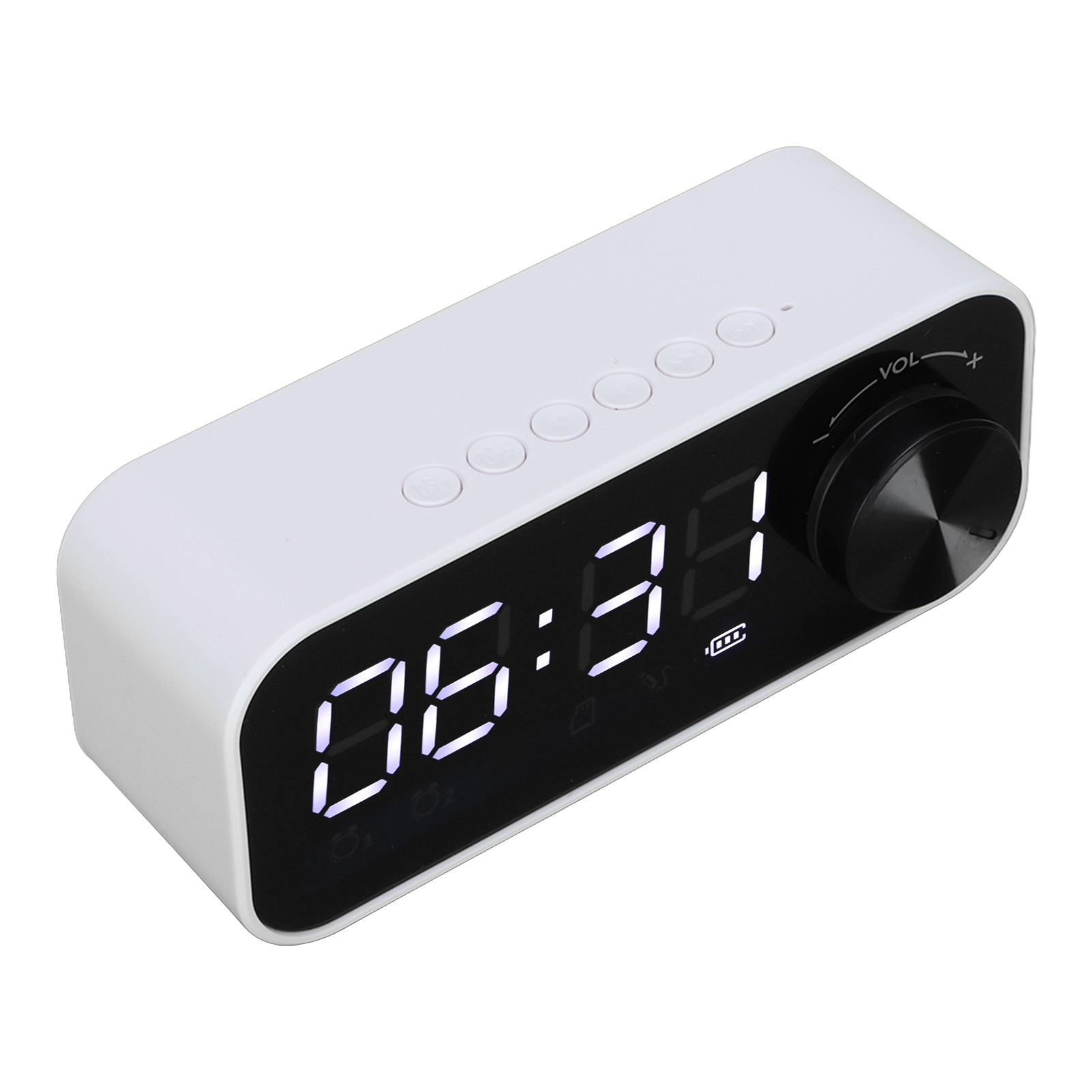 Ein weißer digitaler Wecker mit leuchtender Anzeige zeigt 06:31 an.