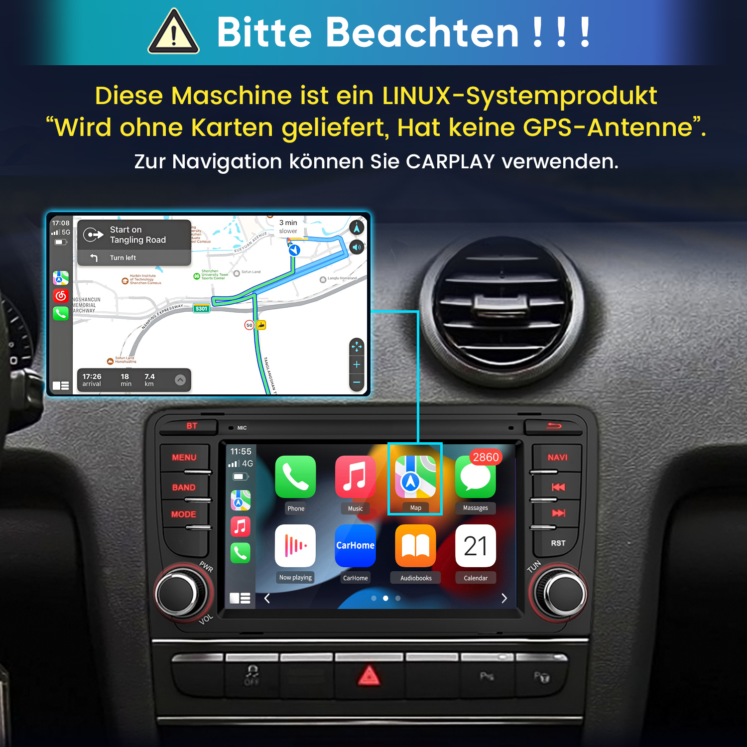 Auto-Infotainmentsystem mit Navigations- und CarPlay-Anzeige. Warnhinweis auf Deutsch.