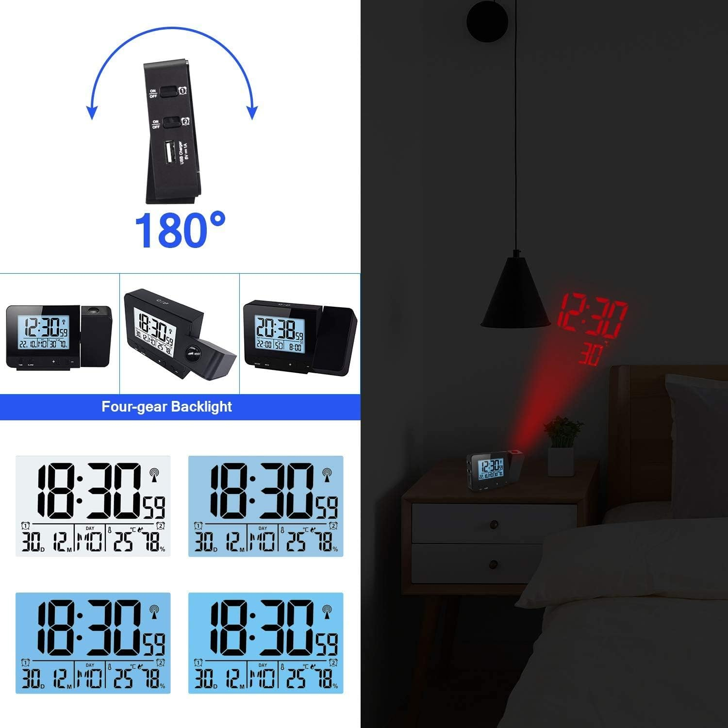 Digitaluhr mit Projektion auf Wand und Nachttisch.