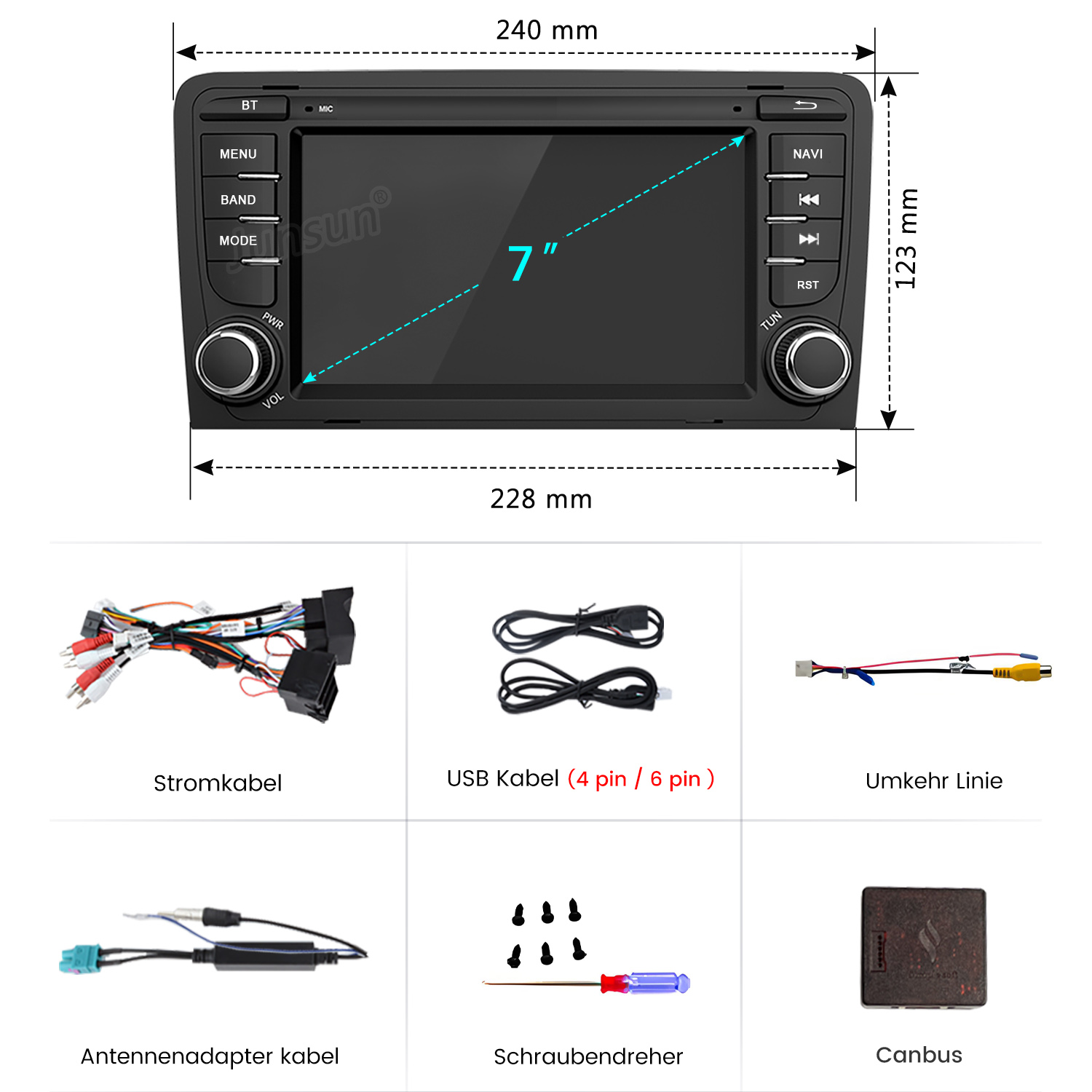 Ein Autoradio mit 7-Zoll-Bildschirm und Zubehör wie Kabeln, Schraubendreher und Canbus.