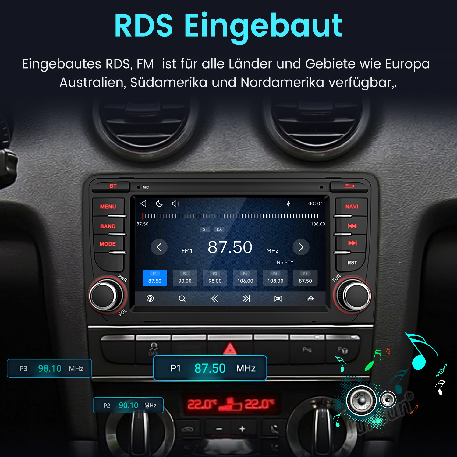 Auto-Radio-Display mit FM-Sender 87.50 MHz und Speicherplätzen.