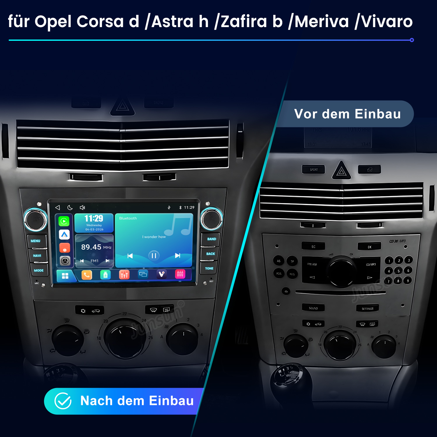 Vorher/Nachher-Vergleich von Opel-Autoradios: Einbau mit Touchscreen und Knöpfen.