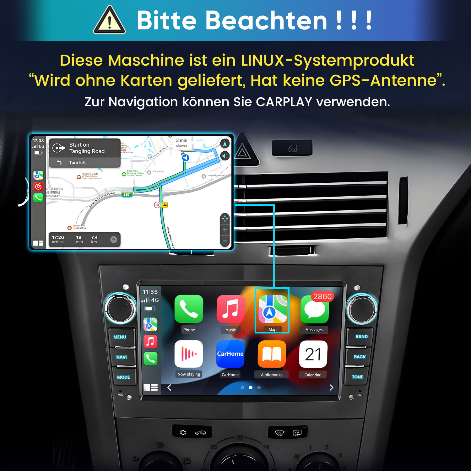 Auto-Infotainmentsystem mit Navigationskarte und App-Symbolen. Warnhinweis auf Deutsch.