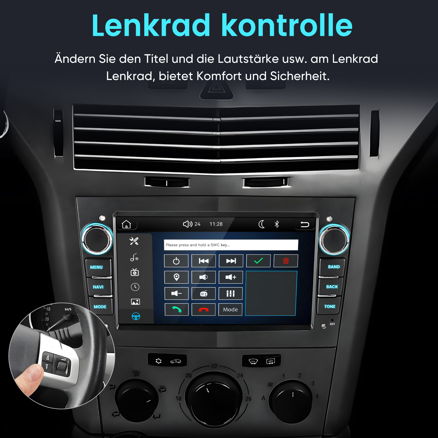 Ein Auto-Infotainmentsystem mit Lenkradsteuerung und einem Touchscreen-Display.