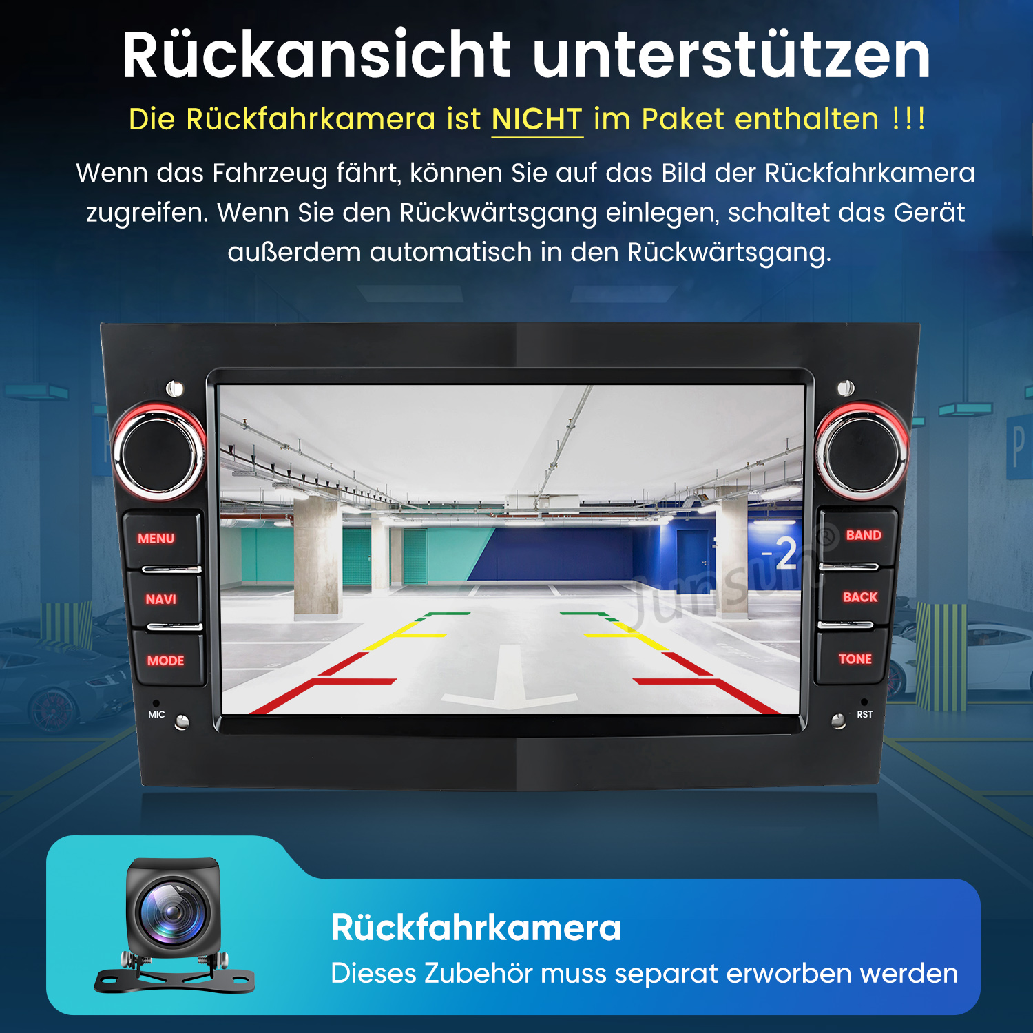 Auto-Infotainmentsystem zeigt Rückfahrkamera-Bild. Rückfahrkamera separat erhältlich.