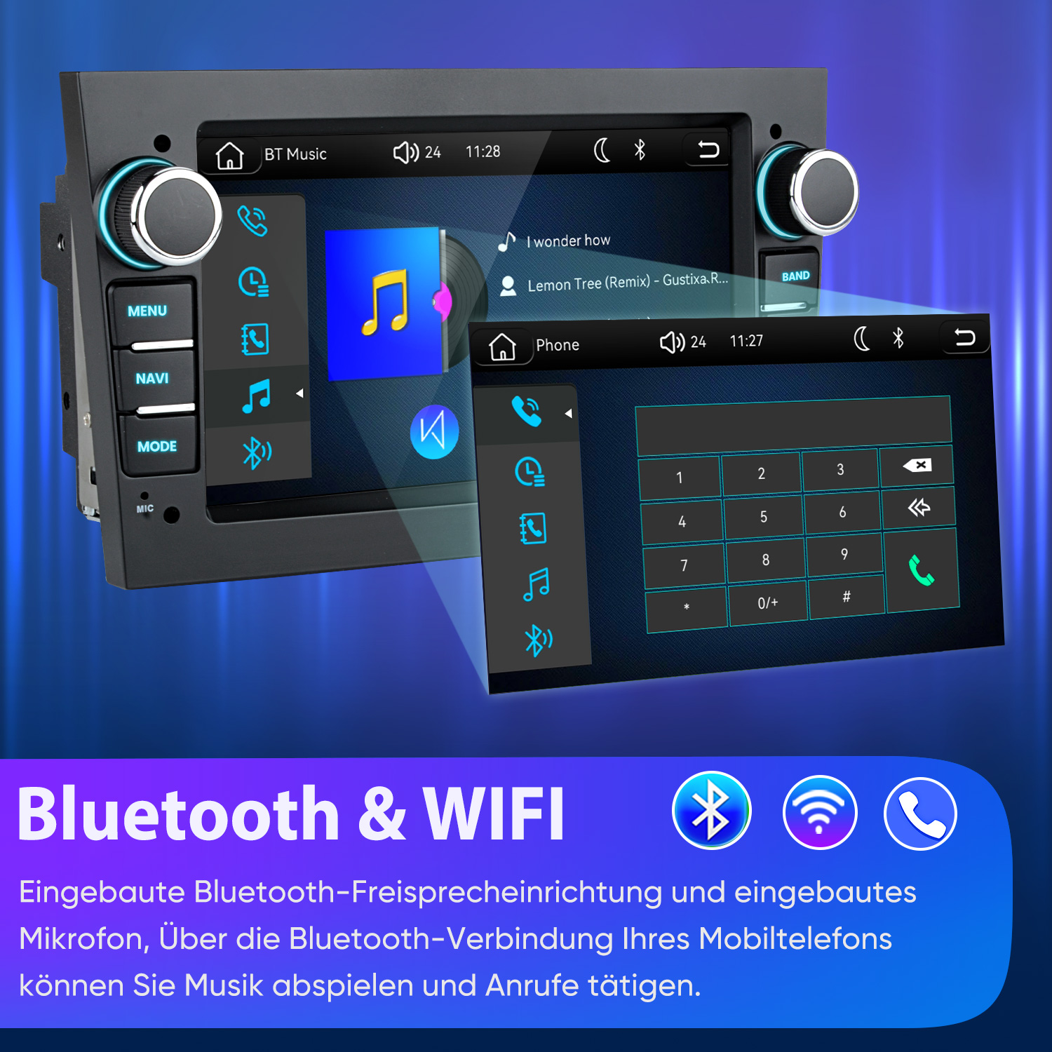 Ein Autoradio mit Touchscreen zeigt Musik- und Telefondisplays. Unten stehen die Icons für Bluetooth und WLAN.
