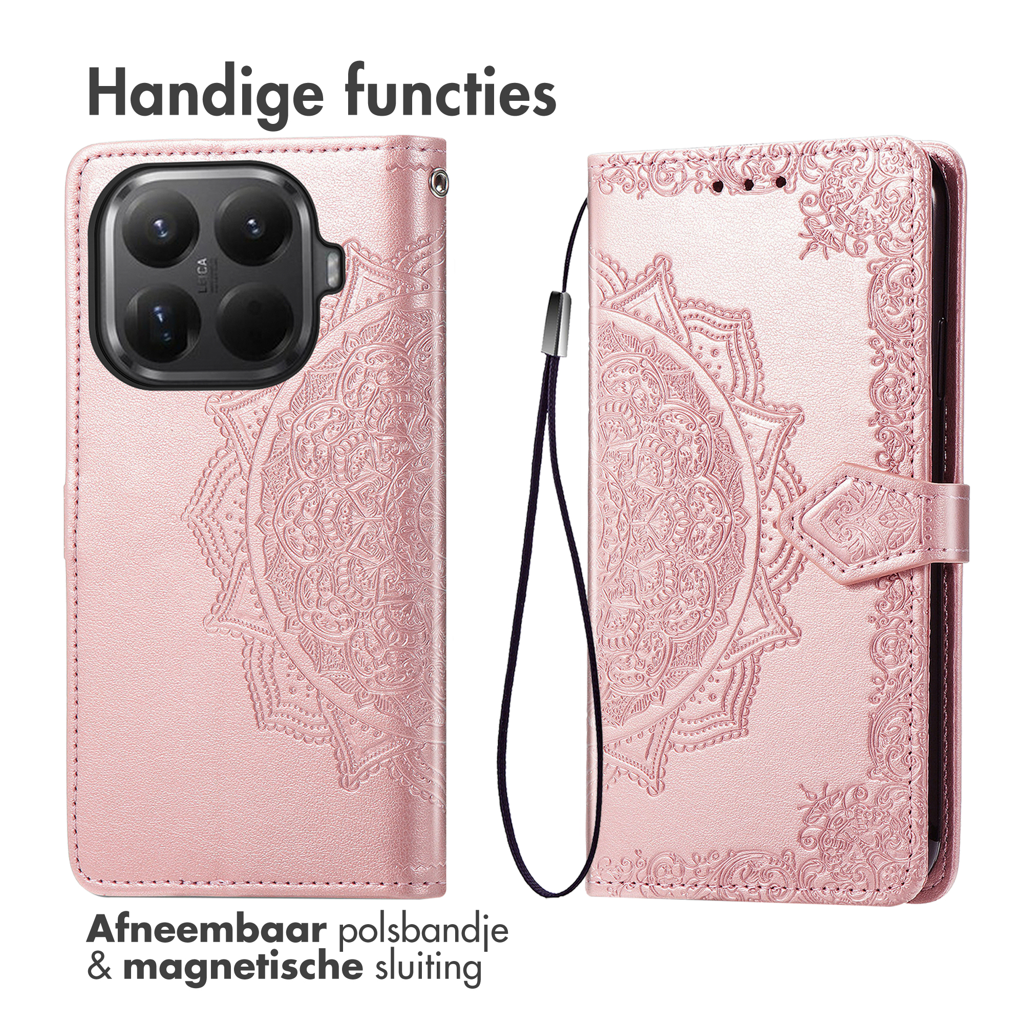 Étui de téléphone rose avec motif mandala en relief et dragonne amovible.