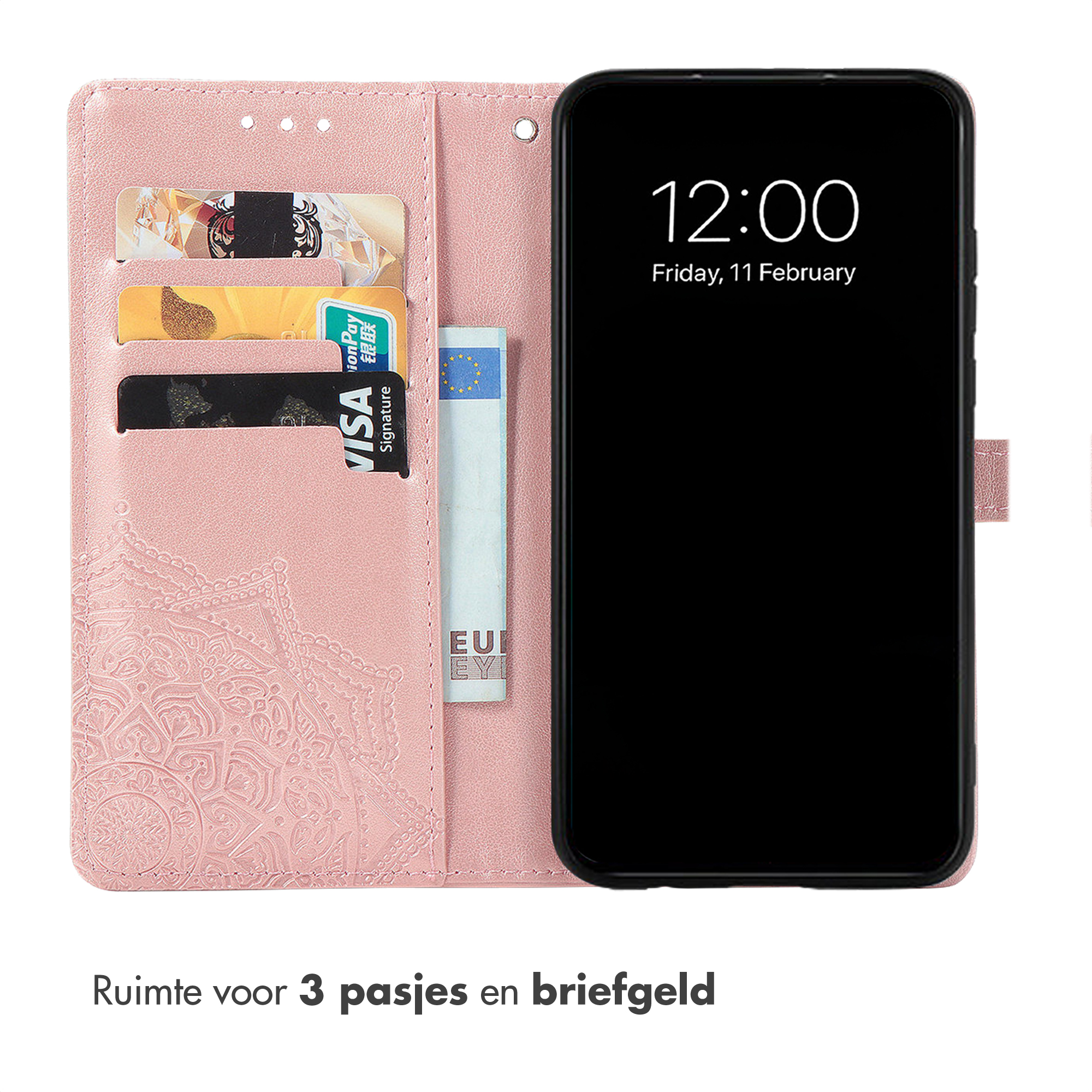 Étui rose pour téléphone avec fentes pour cartes et billet en euros.