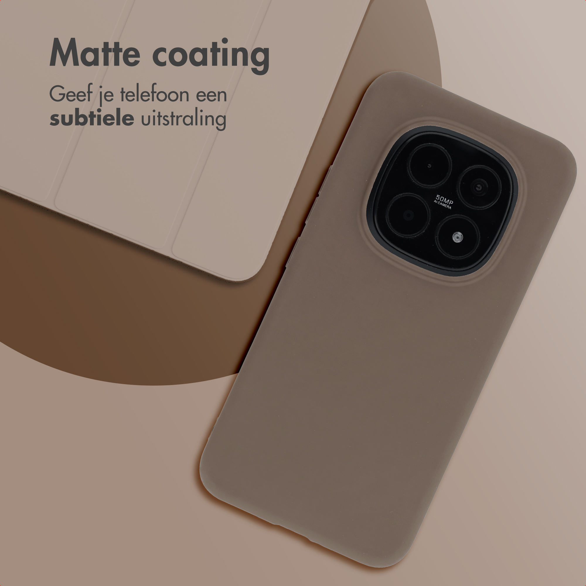 A brown phone case with a black camera module rests on a lighter background.