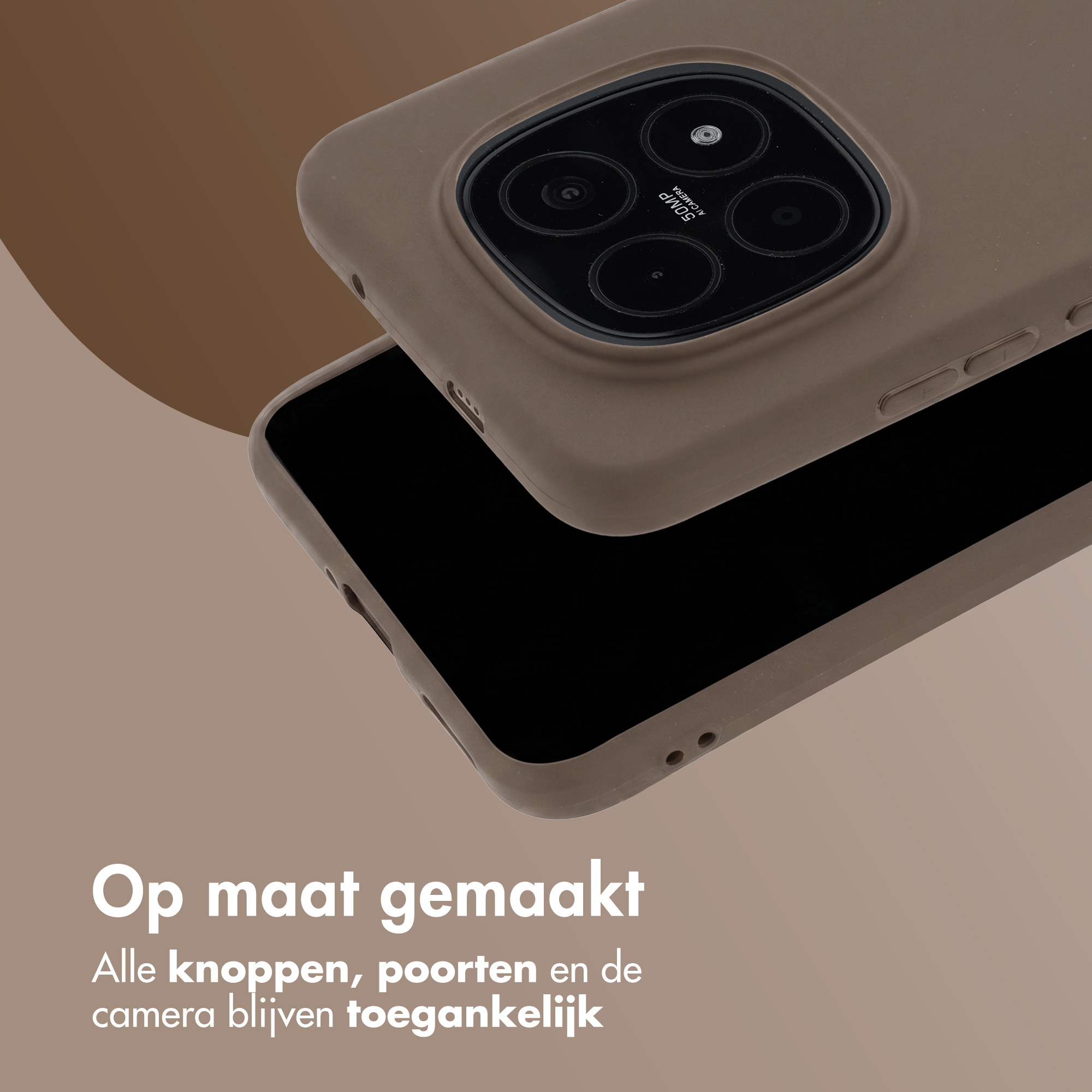 A brown phone case over a smartphone with a 50MP camera.