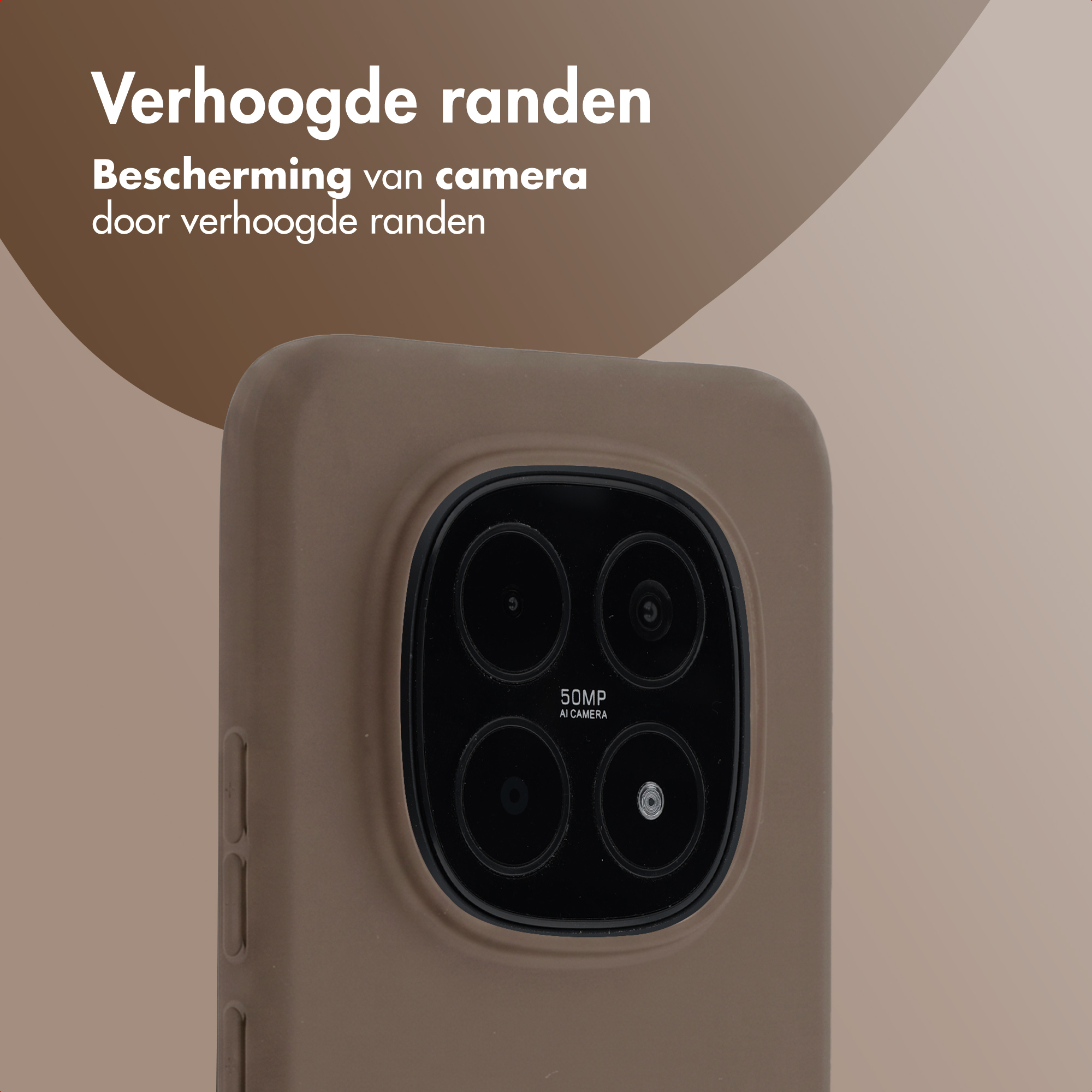 Brown phone case shows camera module with four lenses and "50MP AI CAMERA".