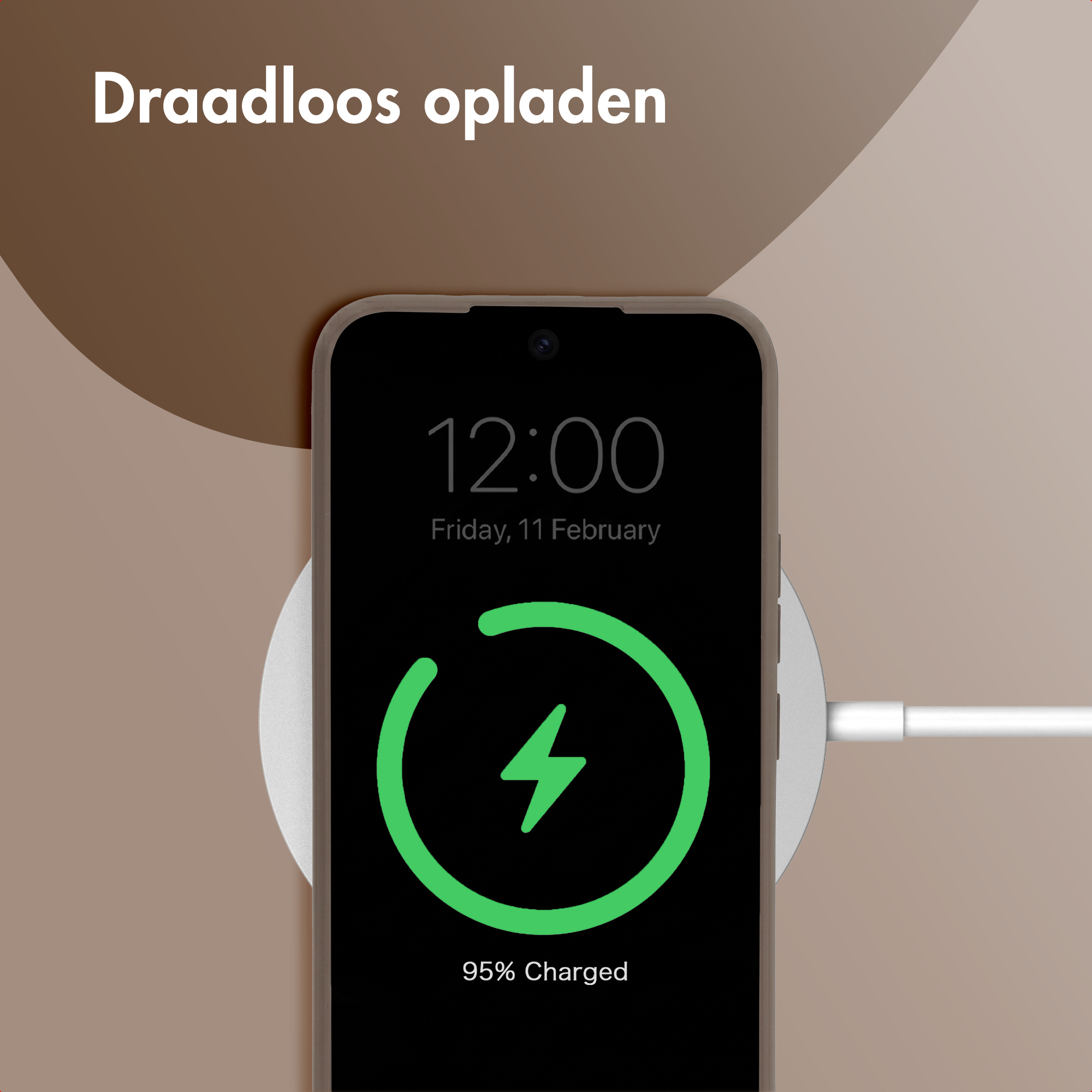 A smartphone is wirelessly charging on a white charging pad. The screen shows 95% charged.