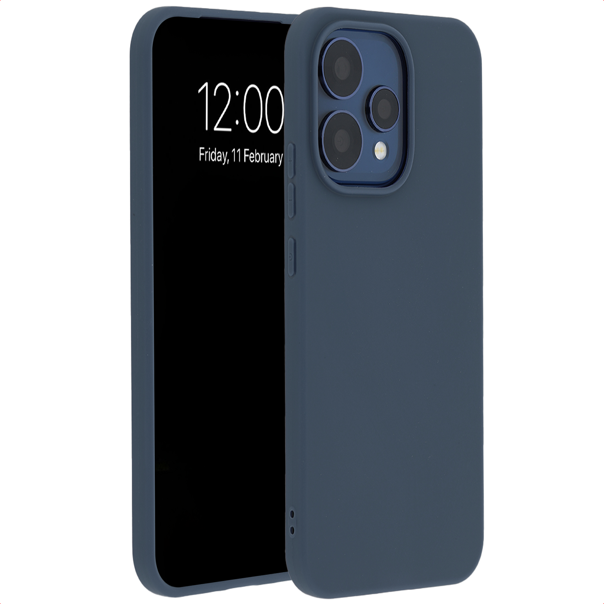 Een blauwe iPhone in een hoesje, staand op de rechterzijkant.