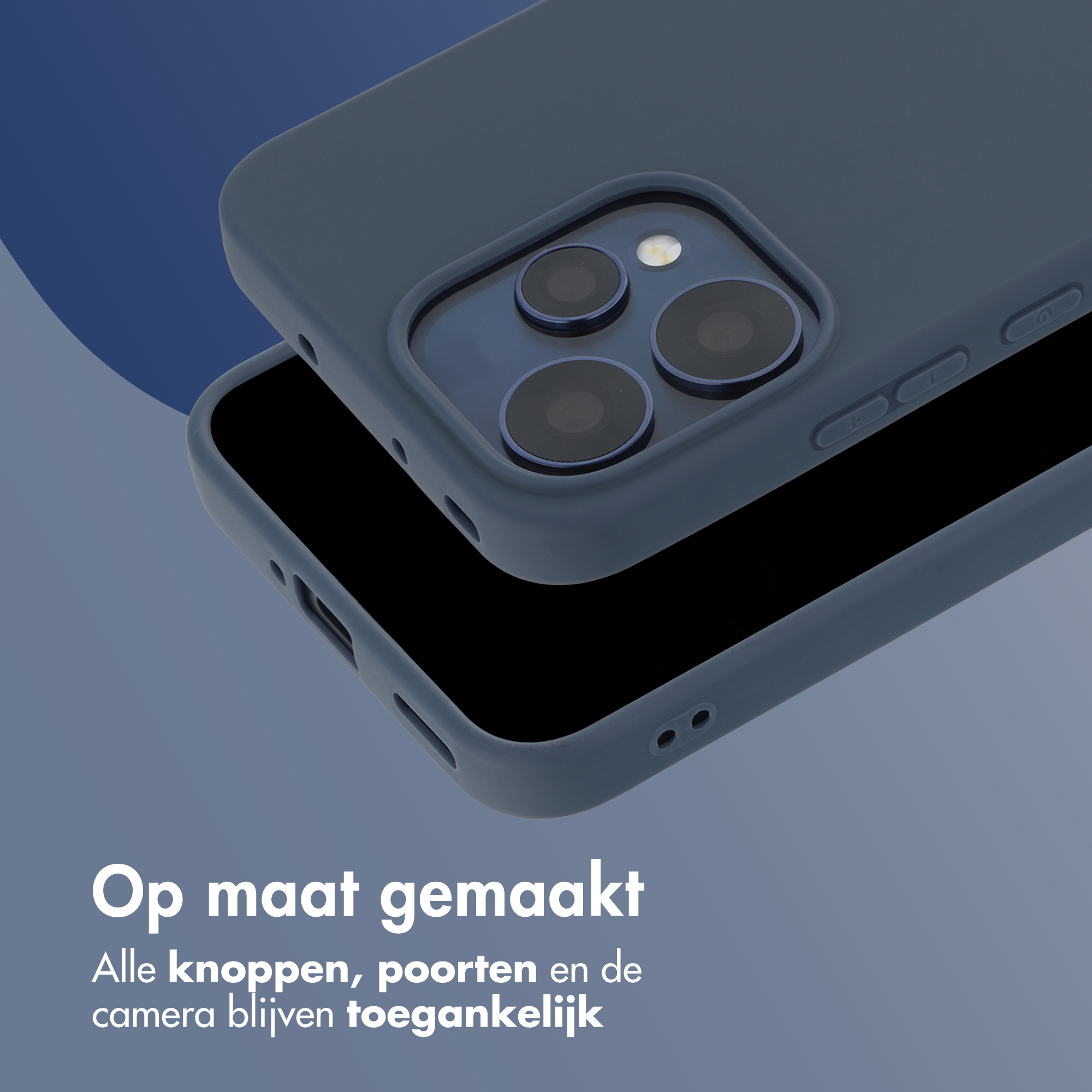 Een blauwe telefoonhoes over een zwarte telefoon. Cameramodule zichtbaar.