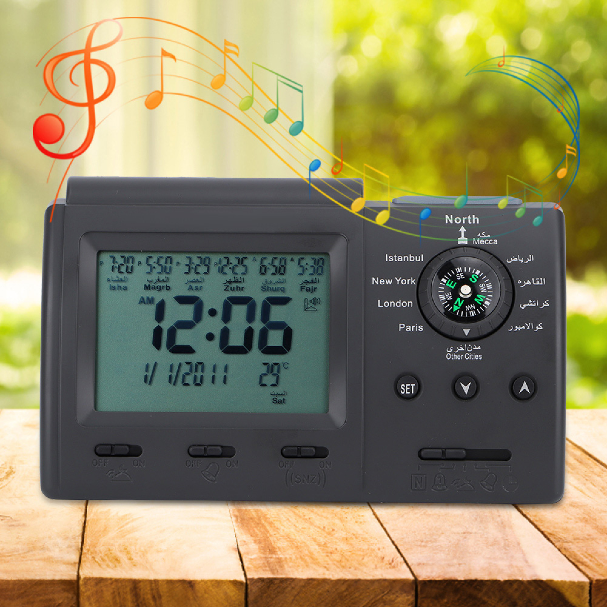Ein schwarzer digitaler Wecker mit einer Weltzeituhr, einem Kompass und Musiknoten.