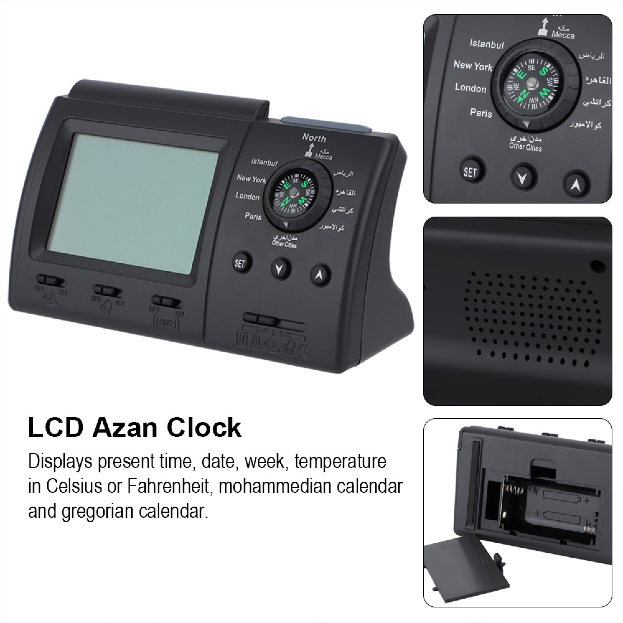 Schwarze Azan-Uhr mit LCD-Bildschirm, Kompass und Tasten. Batteriefach sichtbar.