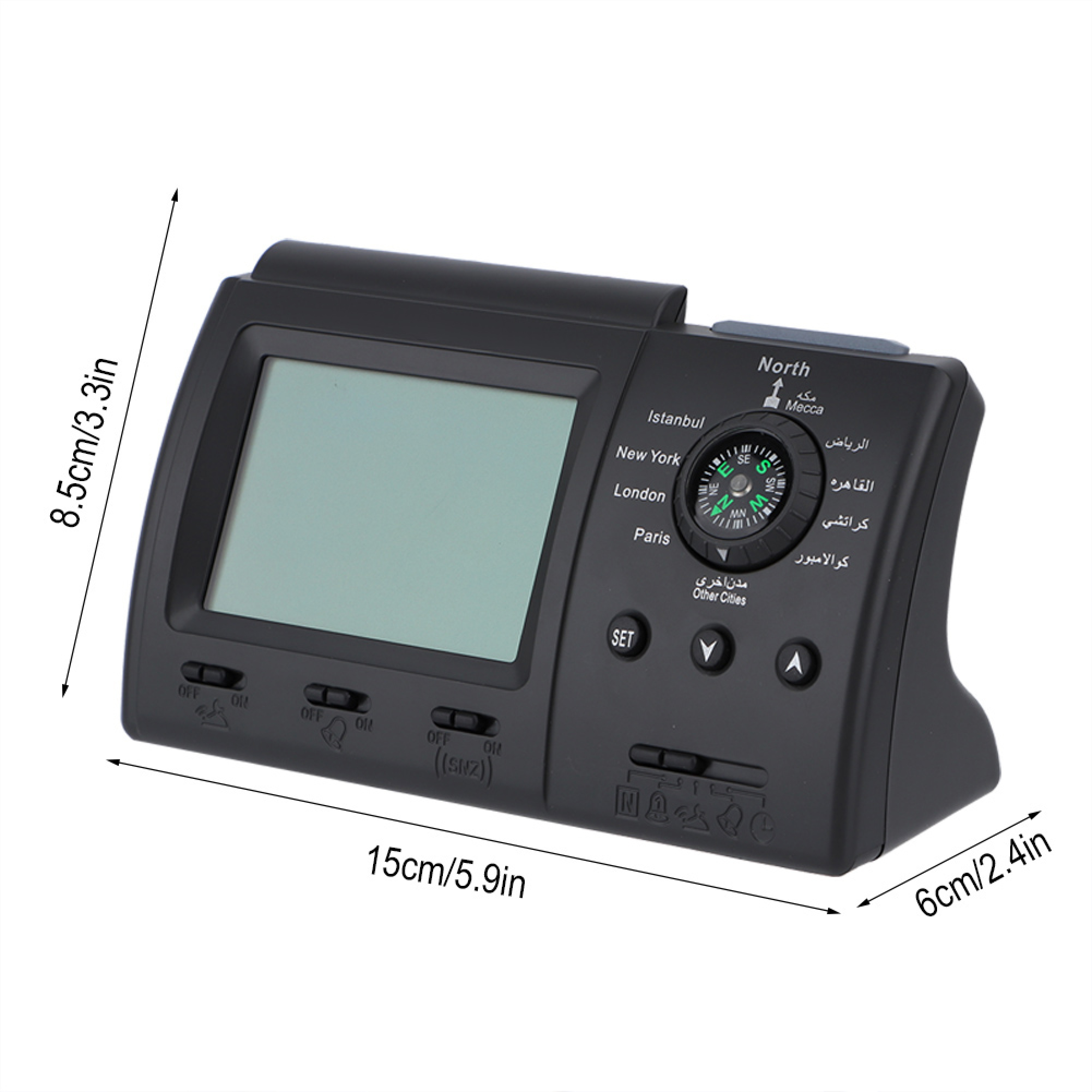 Ein schwarzer digitaler Wecker mit Kompass und Städtenamen.