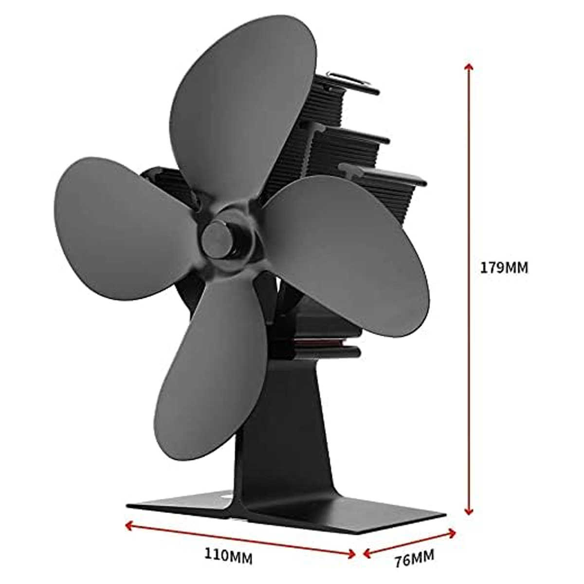 Schwarzer Ofenventilator mit vier Flügeln auf einem Sockel. Maße: 110 mm breit, 76 mm tief, 179 mm hoch.