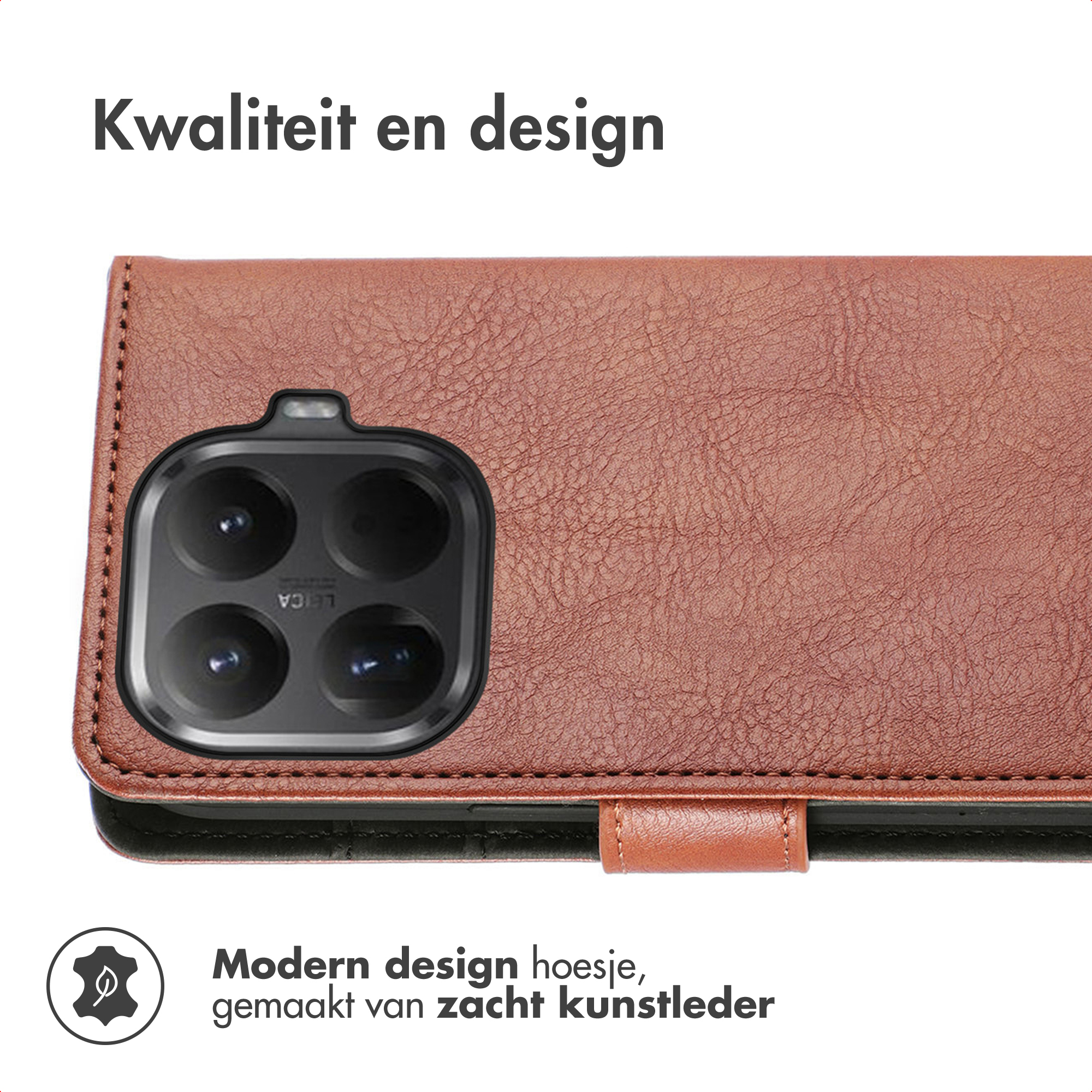 Bruine kunstlederen telefoonhoes met vier cameralenzen en LEICA-logo.