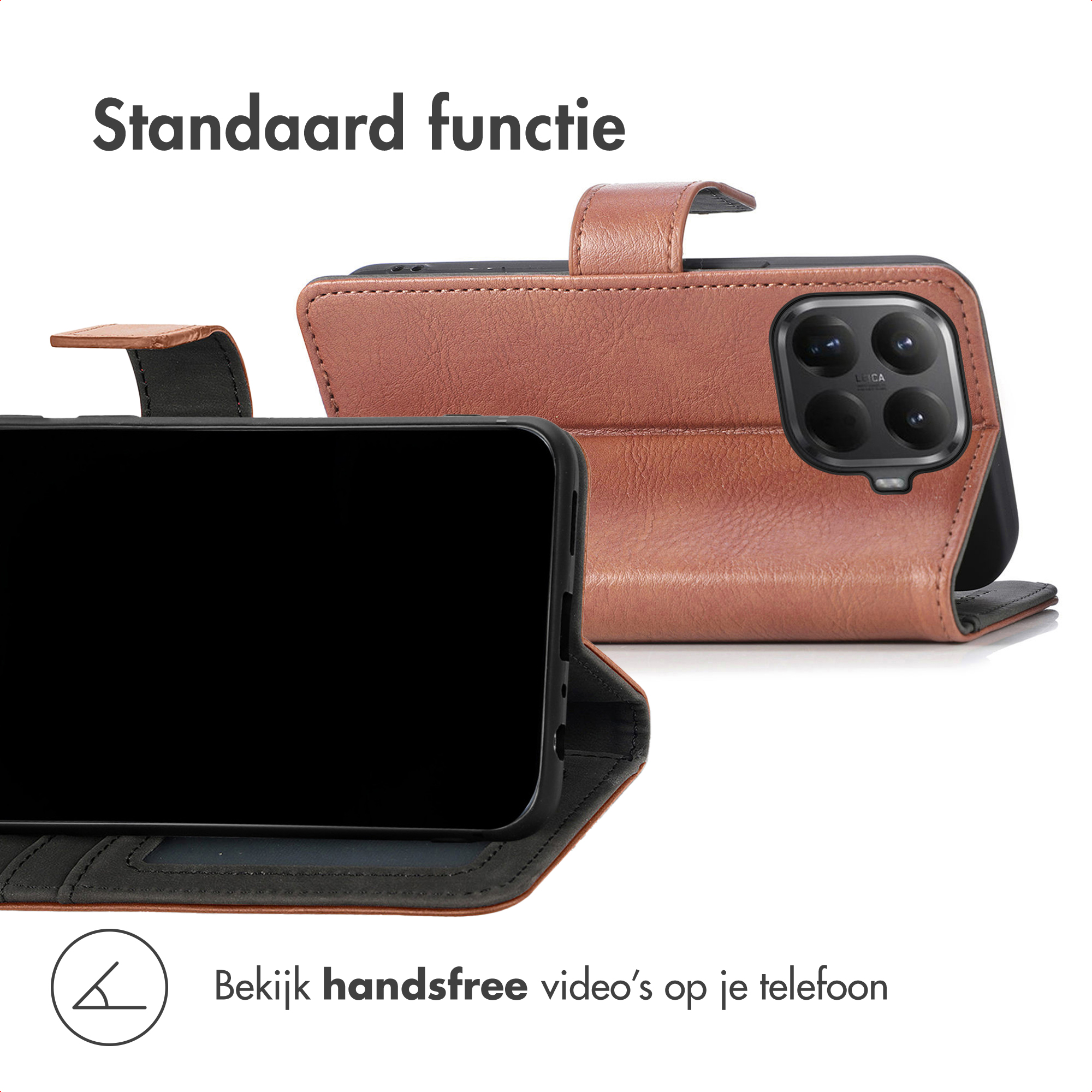Bruine leren telefoonhoes met camera en standaardfunctie.