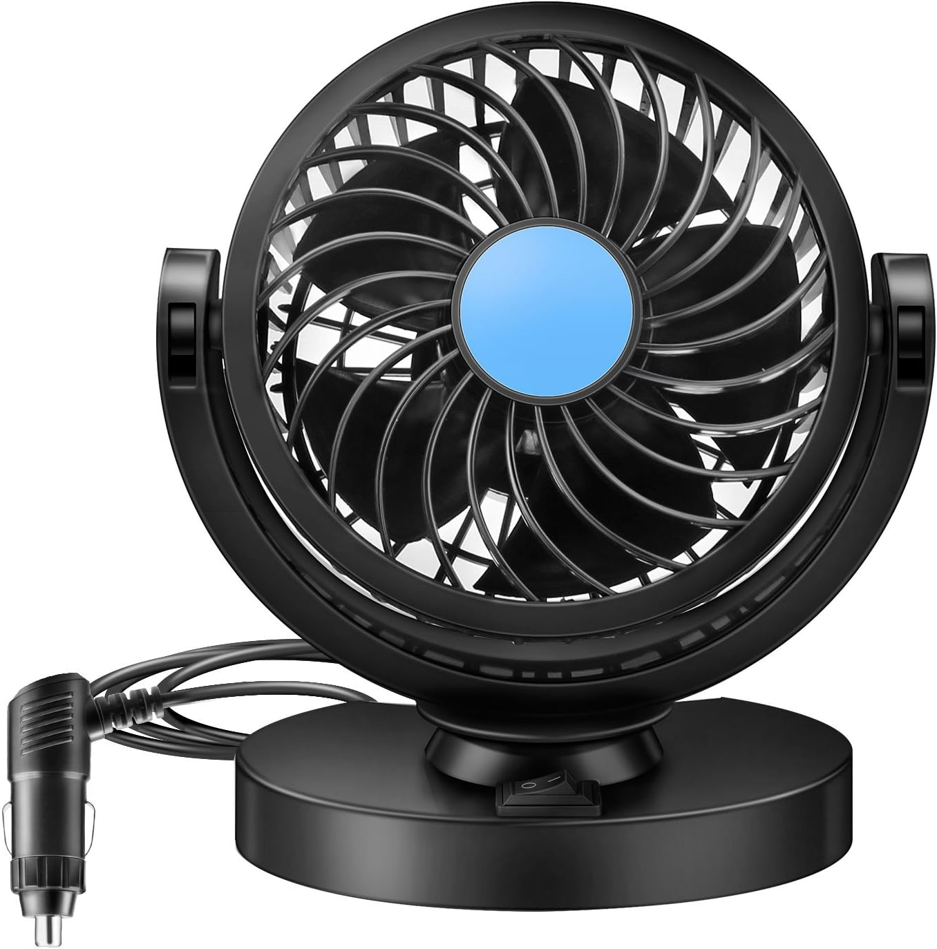 Ein schwarzer Tischventilator mit blauer Mitte und Autostecker.