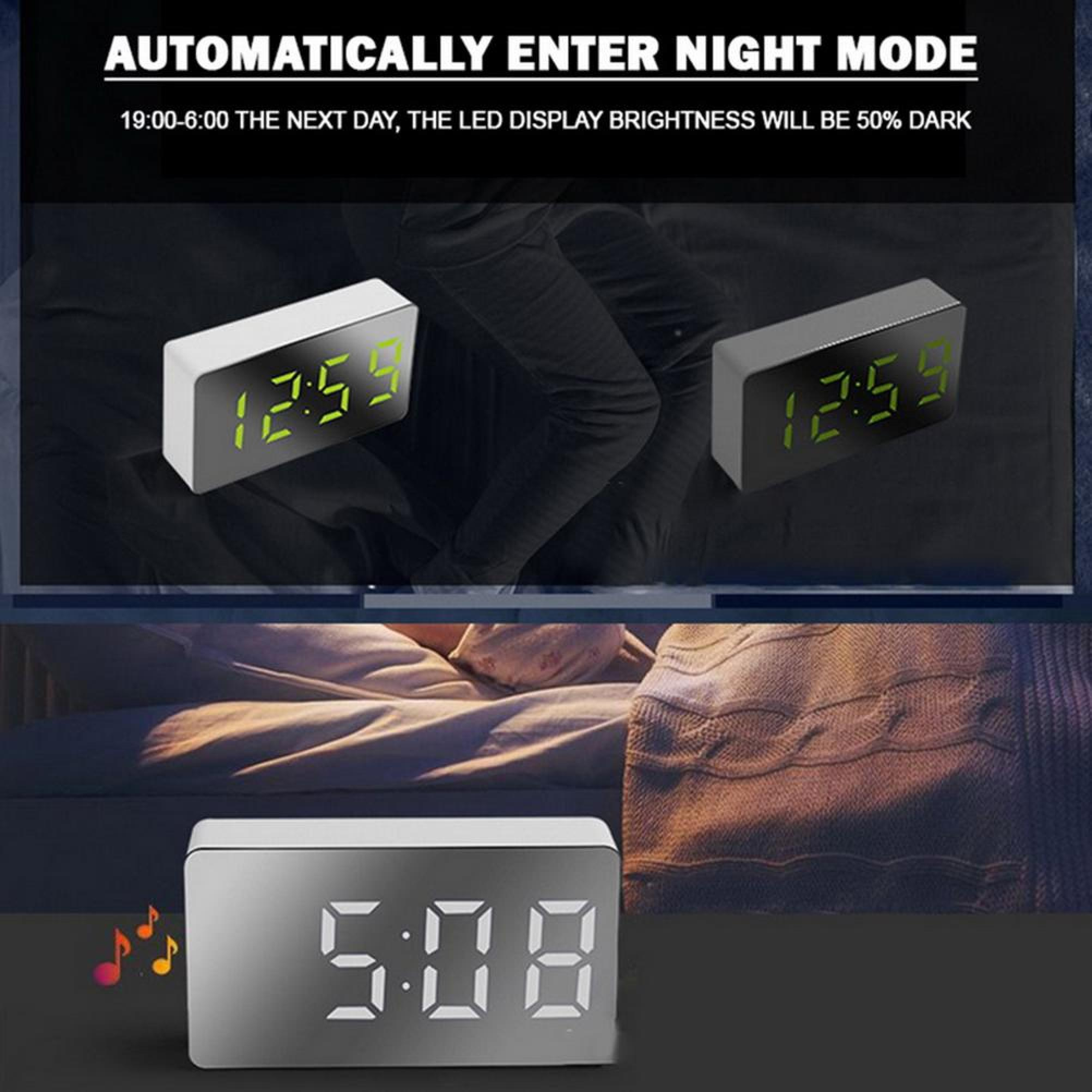 Digitaluhr mit reflektierender Oberfläche zeigt 12:55. Text über Nachtmodus.