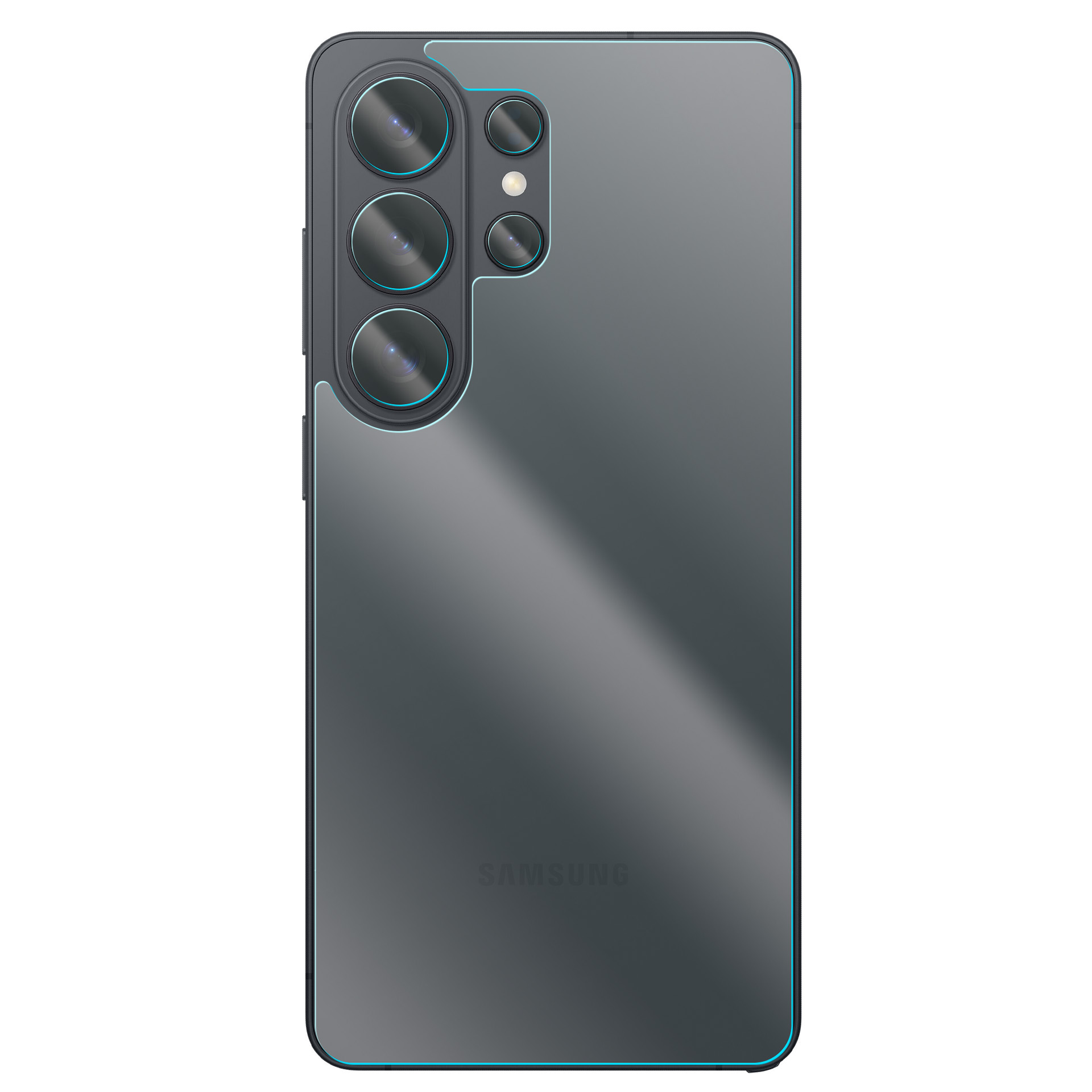 Tył ciemnego smartfona z czterema obiektywami aparatu i logo Samsung.