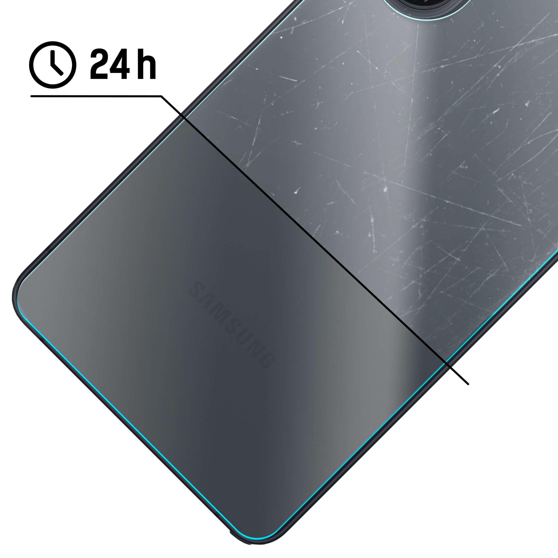 Czarny smartfon Samsung z zadrapaniami z tyłu i ikoną "24h".