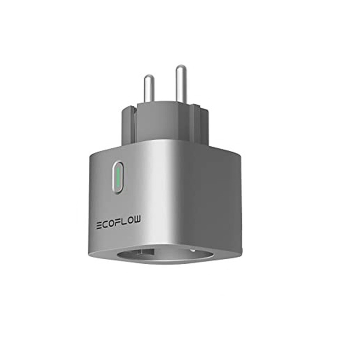 Een zilveren EcoFlow smart plug met twee pinnen en één stopcontact.