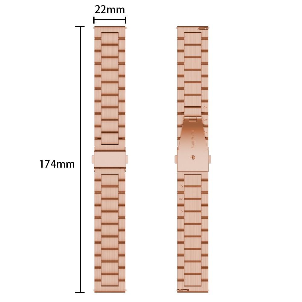 Zwei roségoldfarbene Uhrenarmbänder, eines zeigt Maße von 22x174mm.