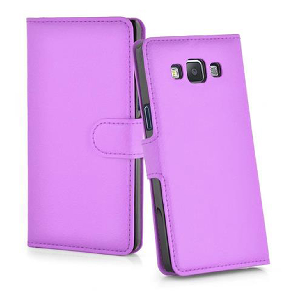 Una custodia a libro viola per telefono, aperta su uno smartphone.