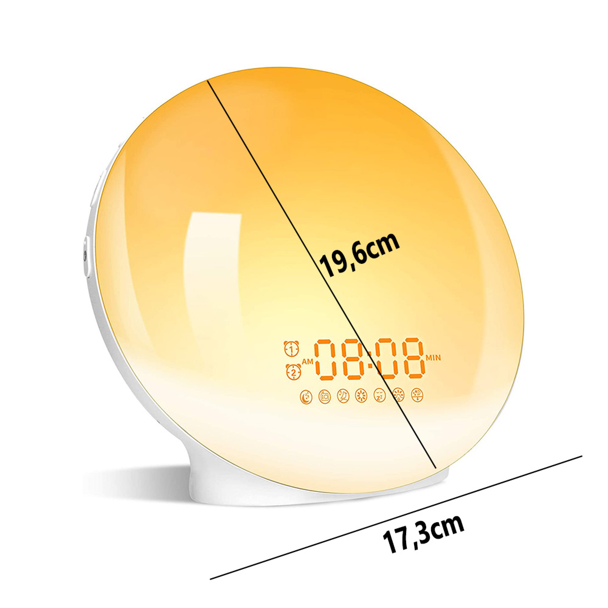 Ein digitaler Wecker mit Sonnenaufgangssimulation und Maßen 19,6 cm und 17,3 cm.