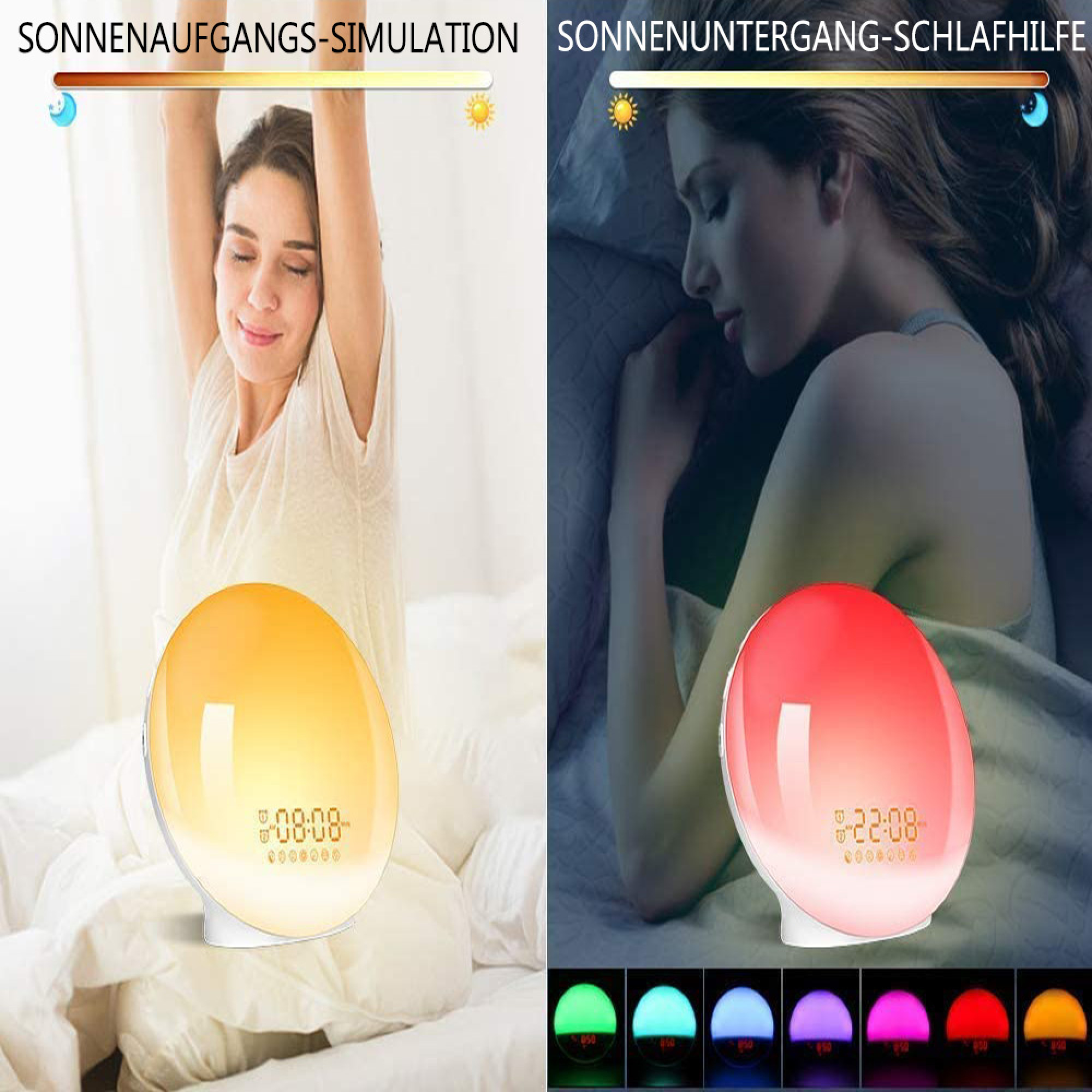 Frau streckt sich bei Sonnenaufgangssimulation und schläft bei Sonnenuntergangshilfe.