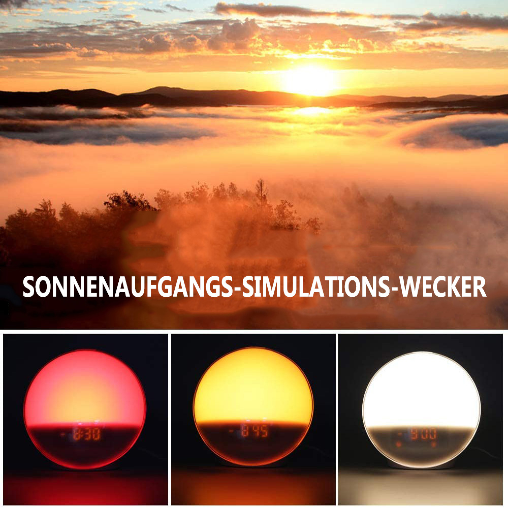 Drei Wecker simulieren Sonnenaufgänge in Rot, Gelb und Weiß.
