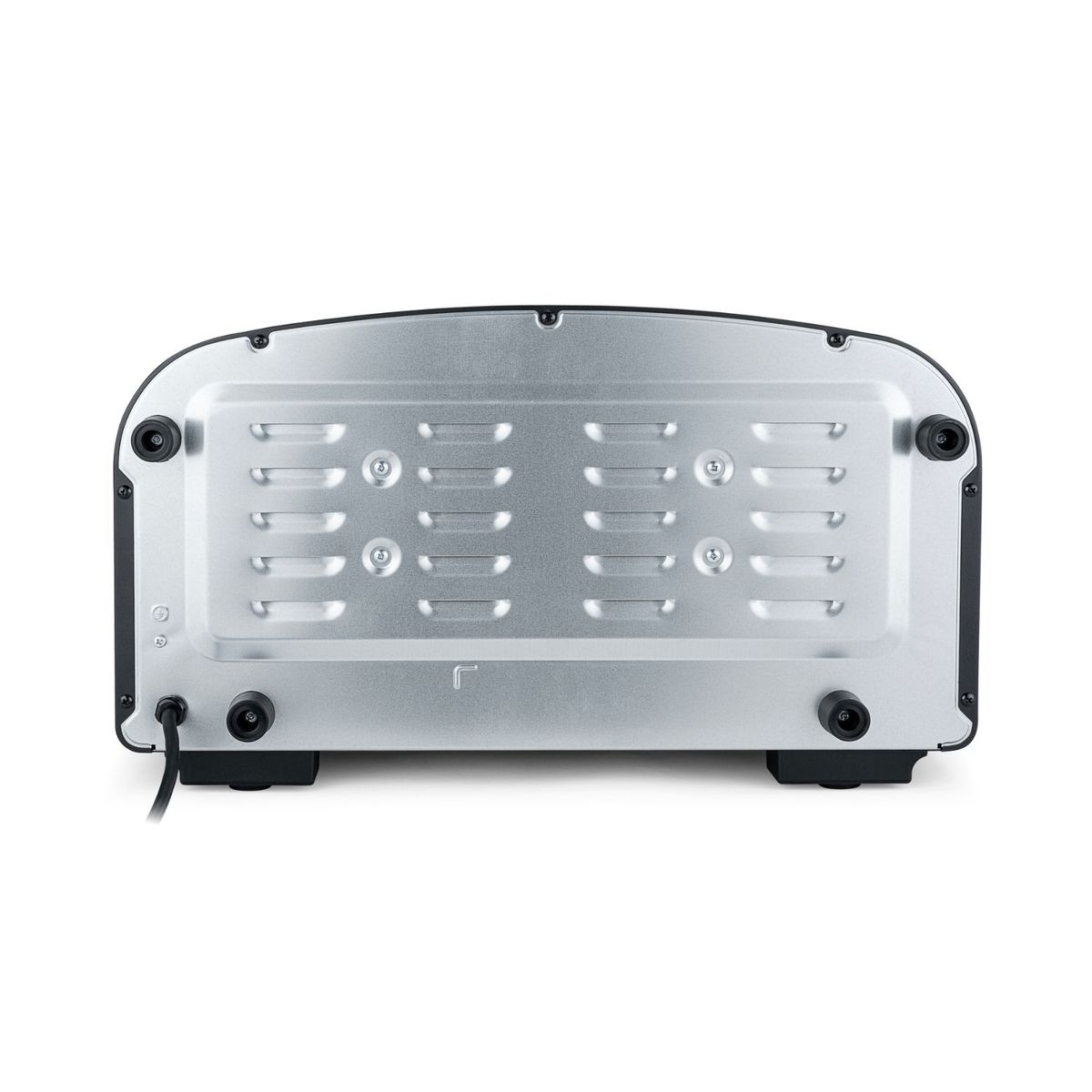 Unterseite eines Toasters mit Lüftungsschlitzen, Schrauben und Stromkabel.