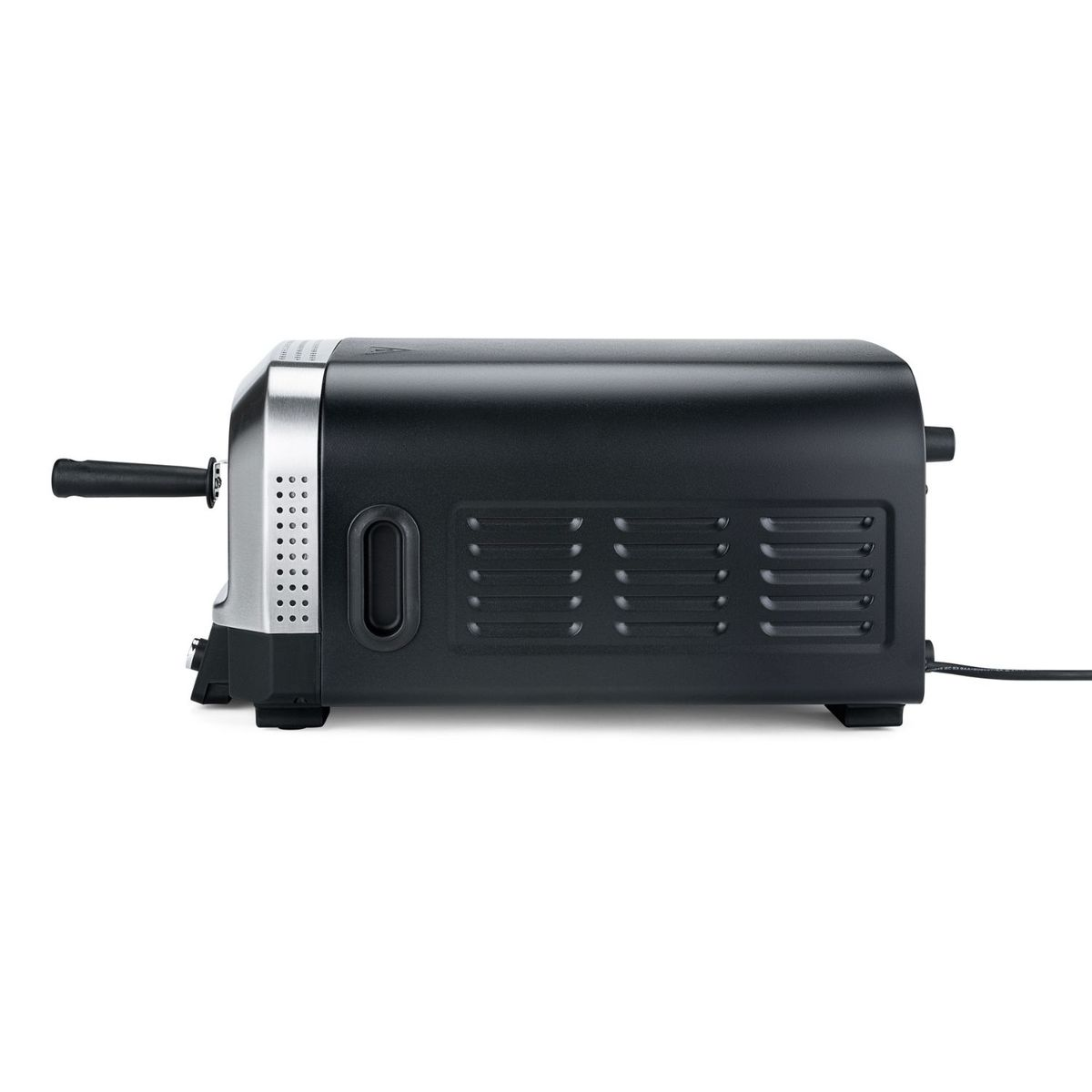 Schwarzer Toaster mit silbernen Akzenten und einem Griff auf der linken Seite.