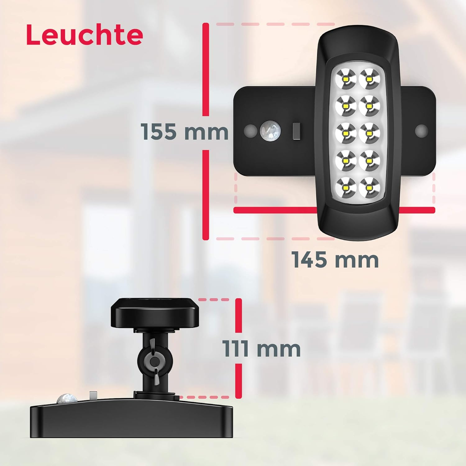 Schwarze Leuchte mit 10 LEDs, Bewegungsmelder und Maßen.