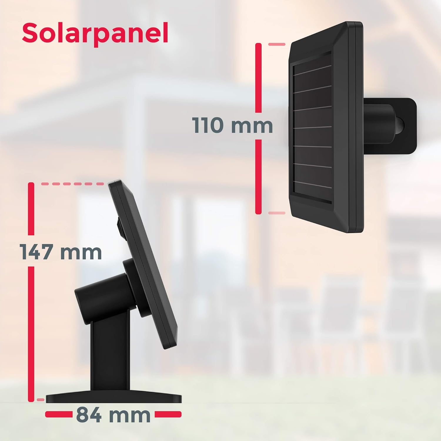 Schwarzes Solarpanel mit Maßen: H 147mm, B 84mm, T 110mm.