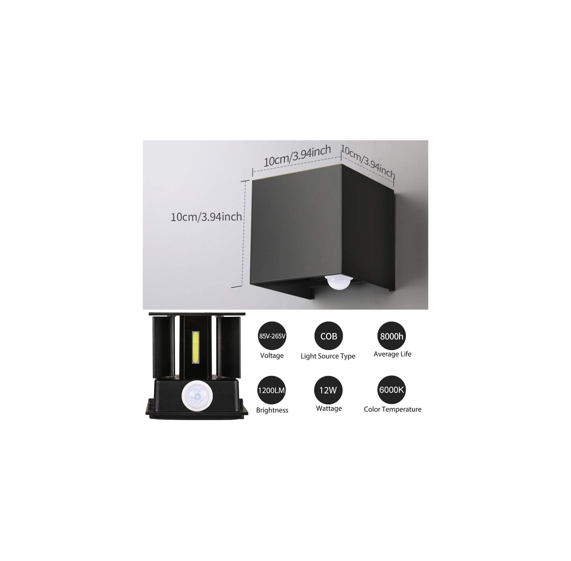 Schwarze Wandleuchte mit Maßen 10cm, COB-Lichtquelle, 1200LM, 12W, 85-265V, 8000h.