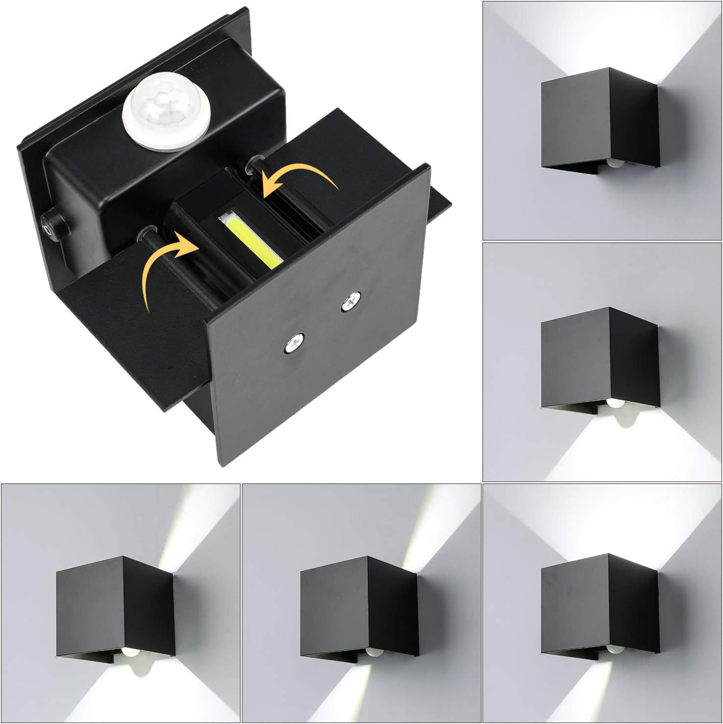 Schwarze Würfel-Wandleuchte mit Bewegungssensor, zeigt Lichtmuster.