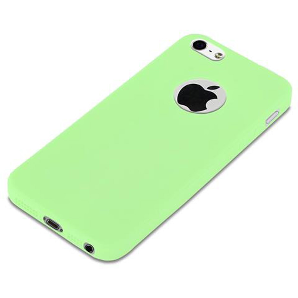 Se muestra una funda verde claro para iPhone con logo negro de Apple sobre fondo blanco.
