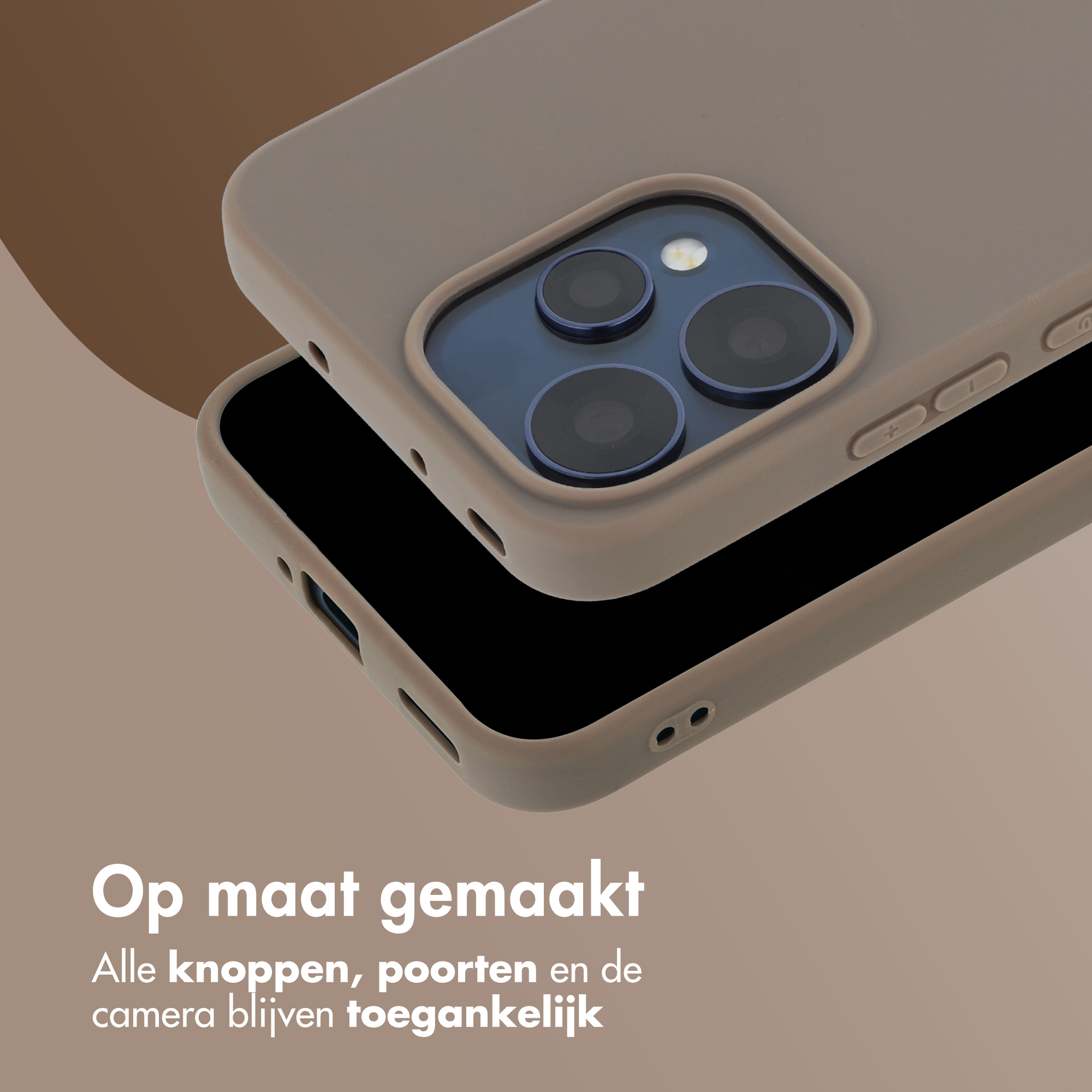 Een taupekleurige telefoonhoes ligt over een zwarte telefoon.