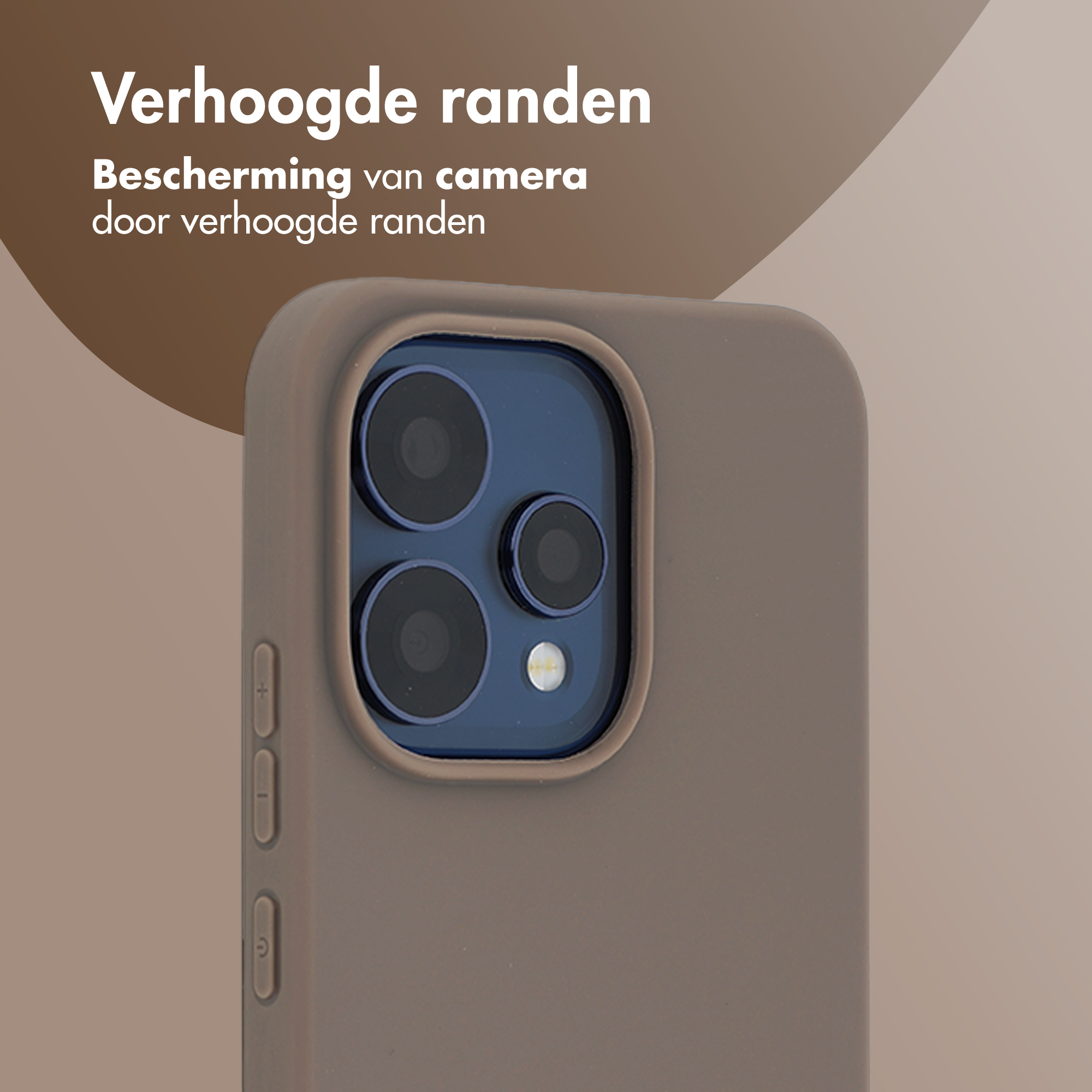 Bruine telefoonhoes met verhoogde cameralens en bedieningsknoppen.