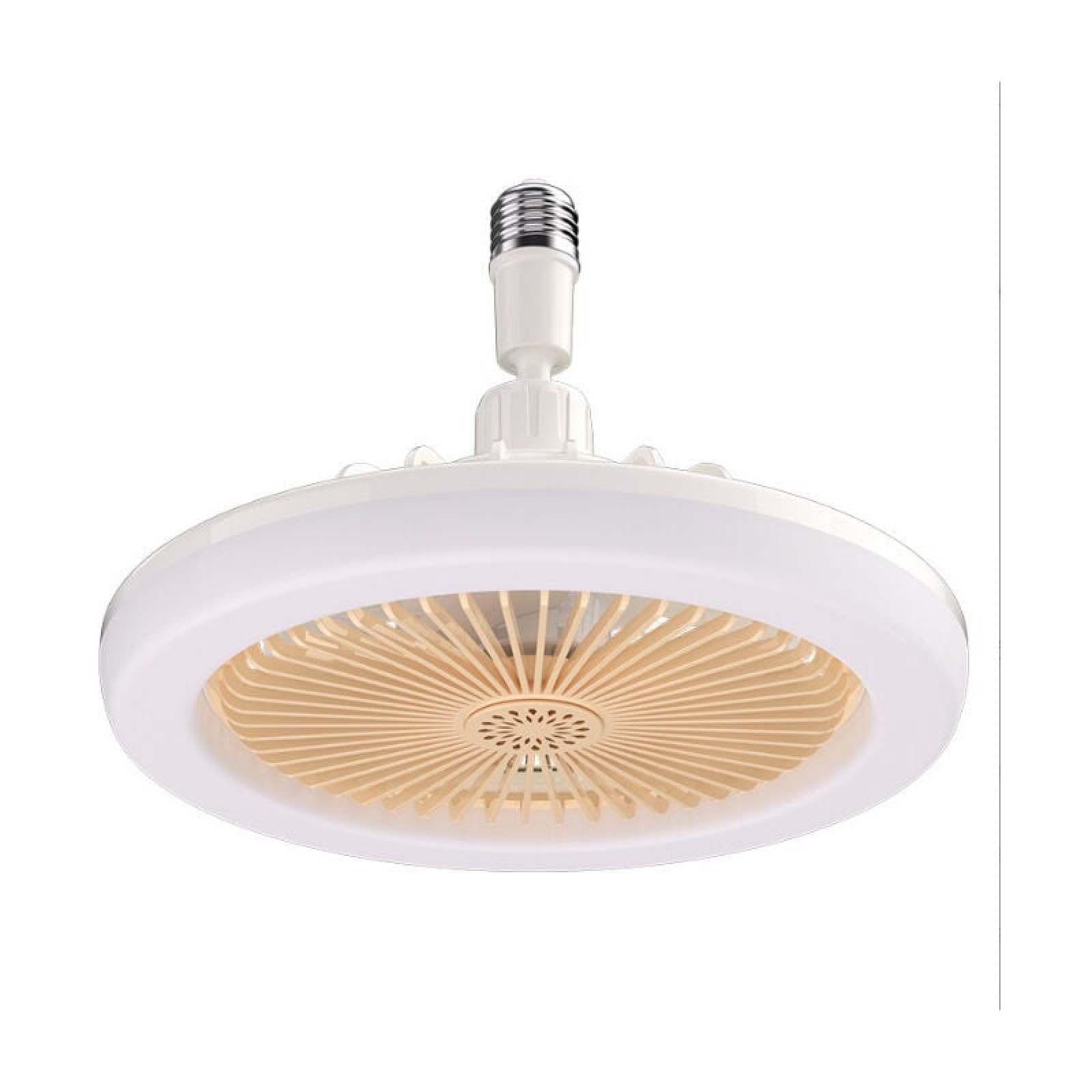 Ein weißer Deckenventilator mit integrierter Lampe und beigefarbenen Lüfterblättern.