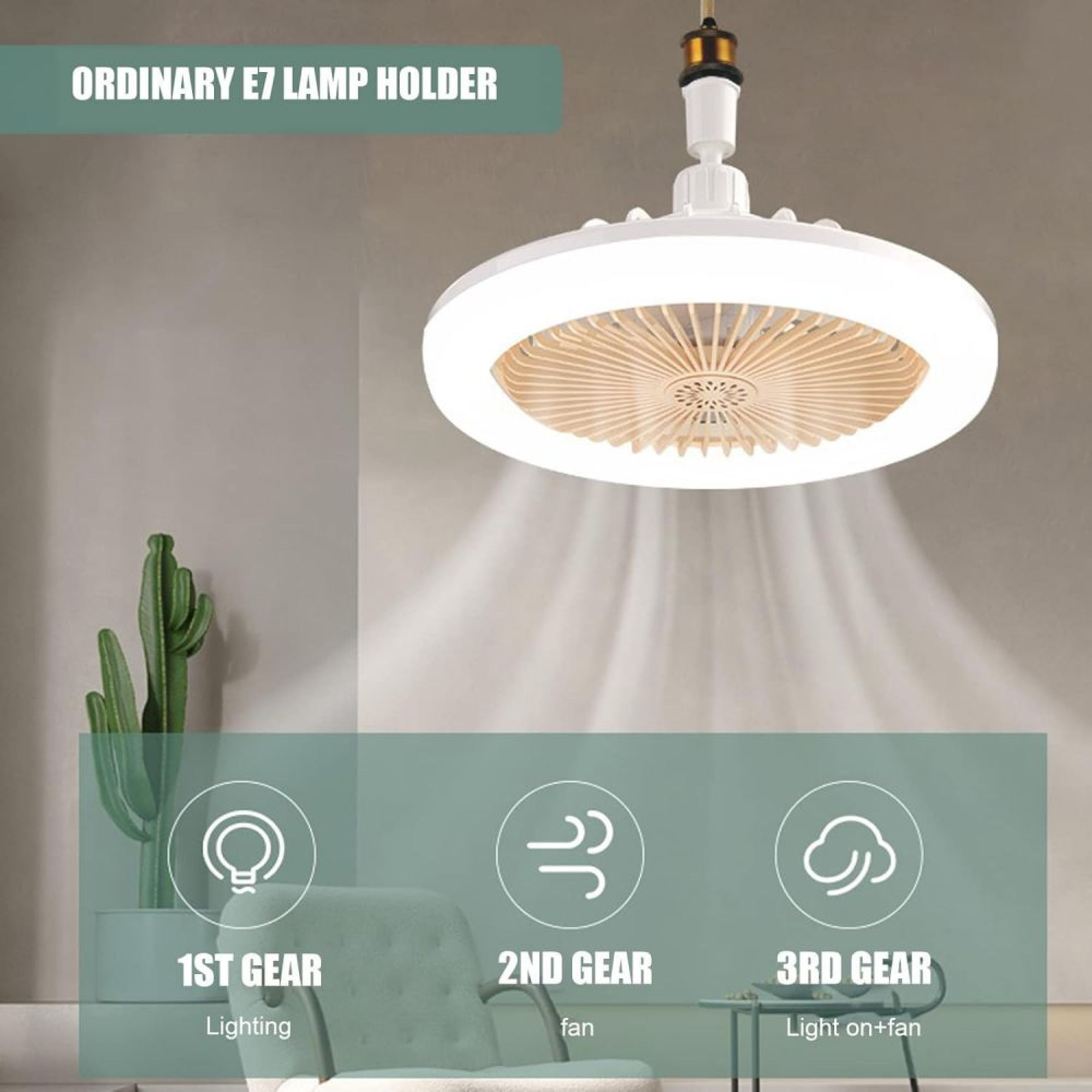 Deckenlampe mit Ventilator: 1. Gang Licht, 2. Gang Ventilator, 3. Gang Licht+Ventilator.