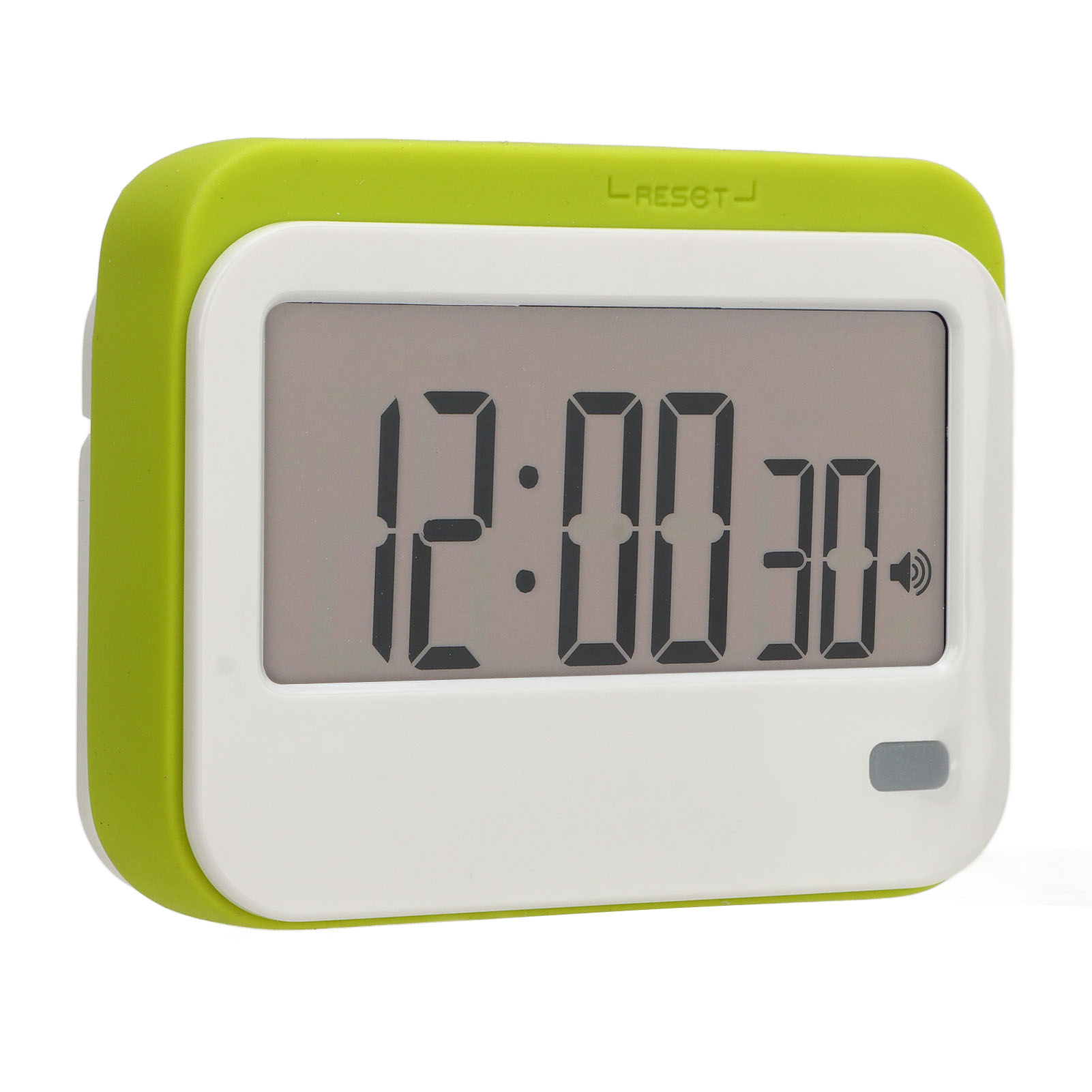 Ein digitaler Timer mit grüner Hülle und weißem Rahmen, der 12:00:30 anzeigt.